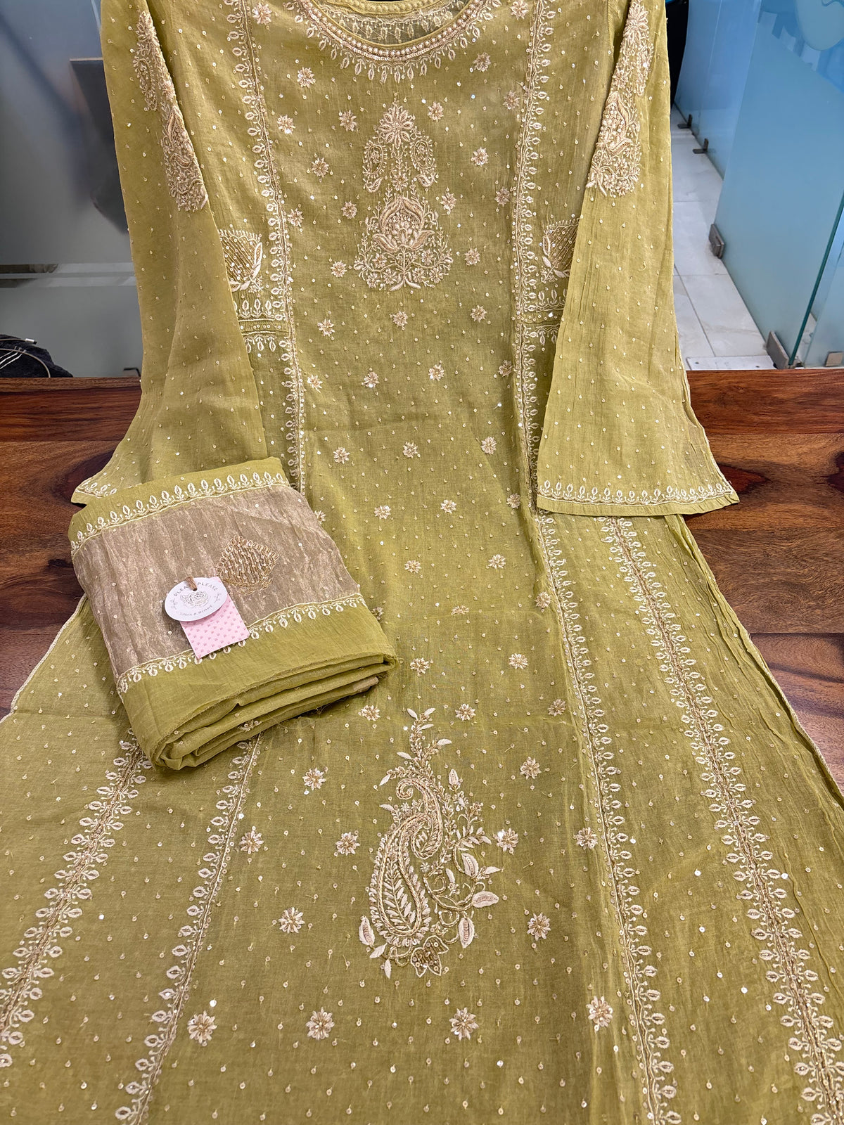 Warm Green Pure & Premium Tissue Pearl Neckline Chikankari Kurta & Dupatta