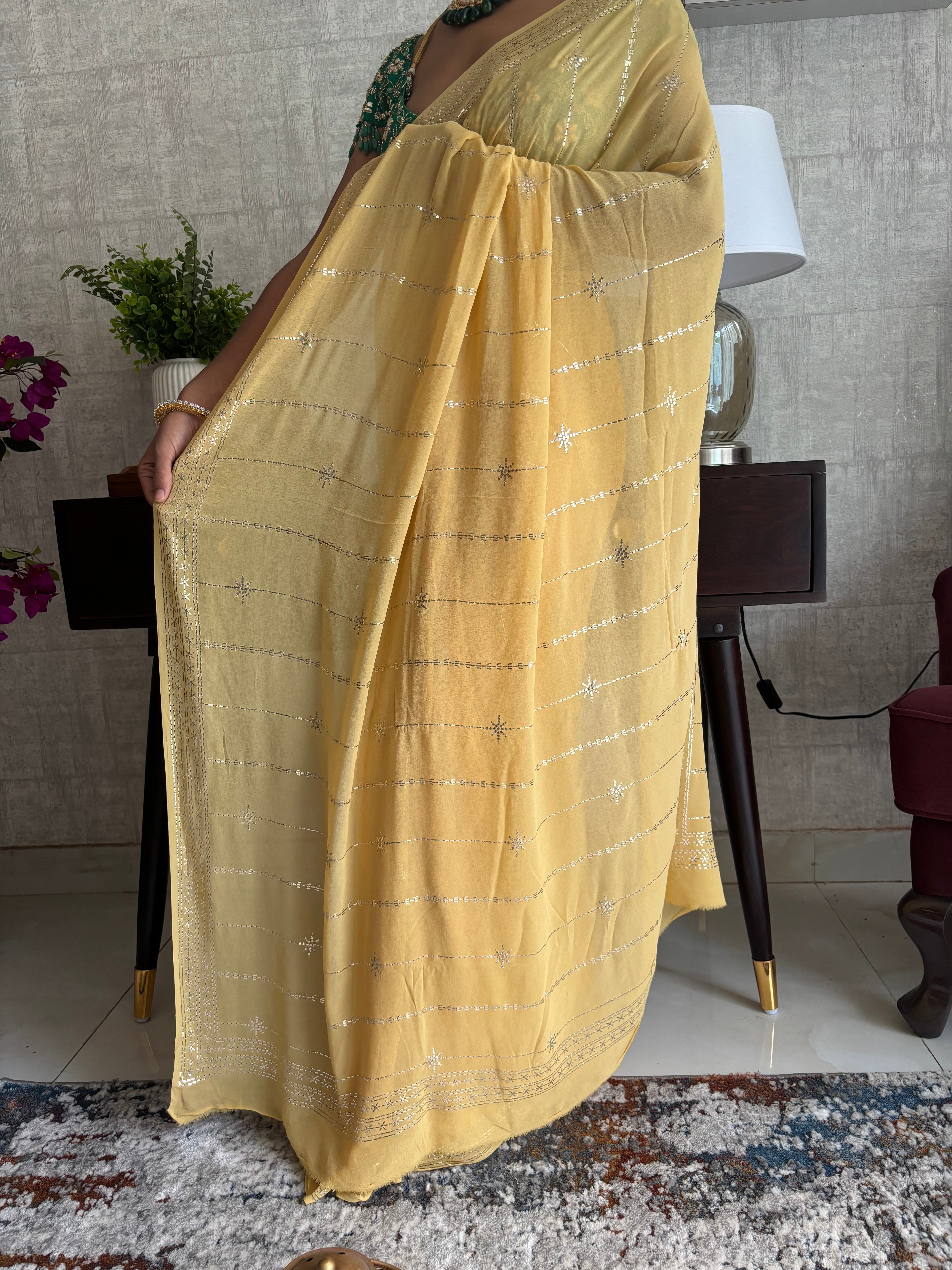 Macaroon Pure And Premium Georgette Mukaish Saree And Blouse