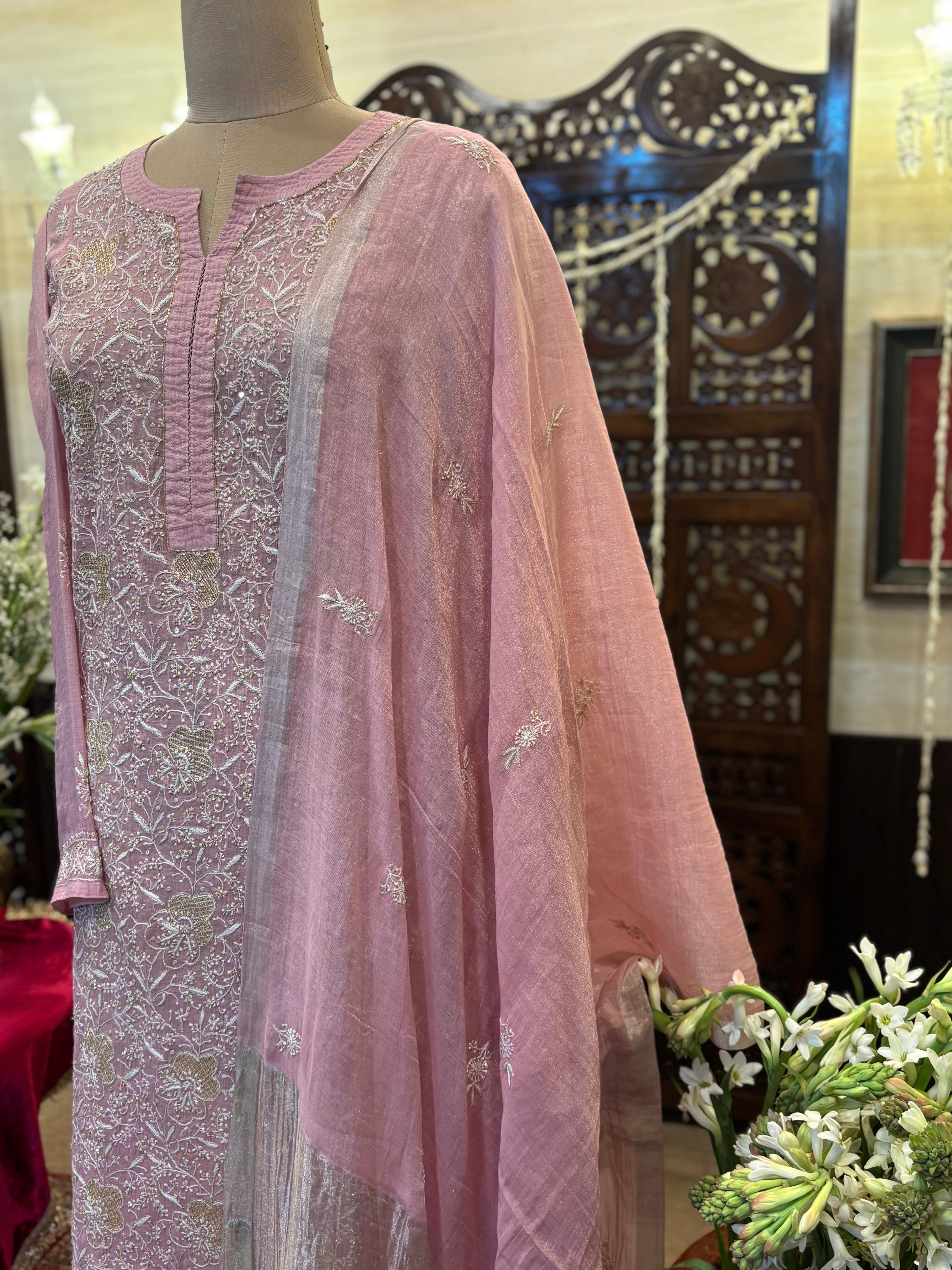 Pink Pure & Premium Tissue Chikankari Kurta & Dupatta Set