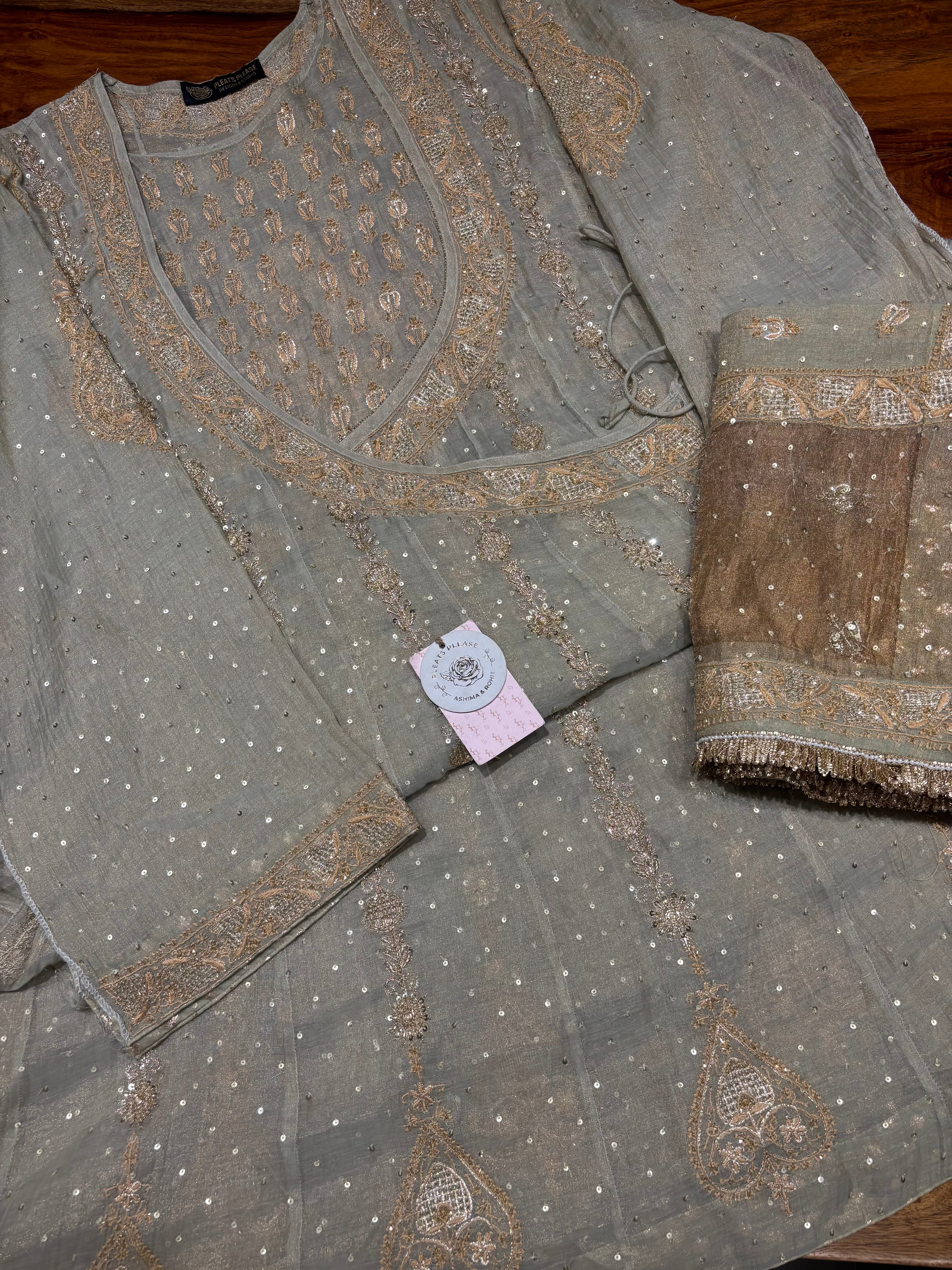 Cardamom Green Pure & Premium Tissue Chikankari Angrakha & Dupatta Set
