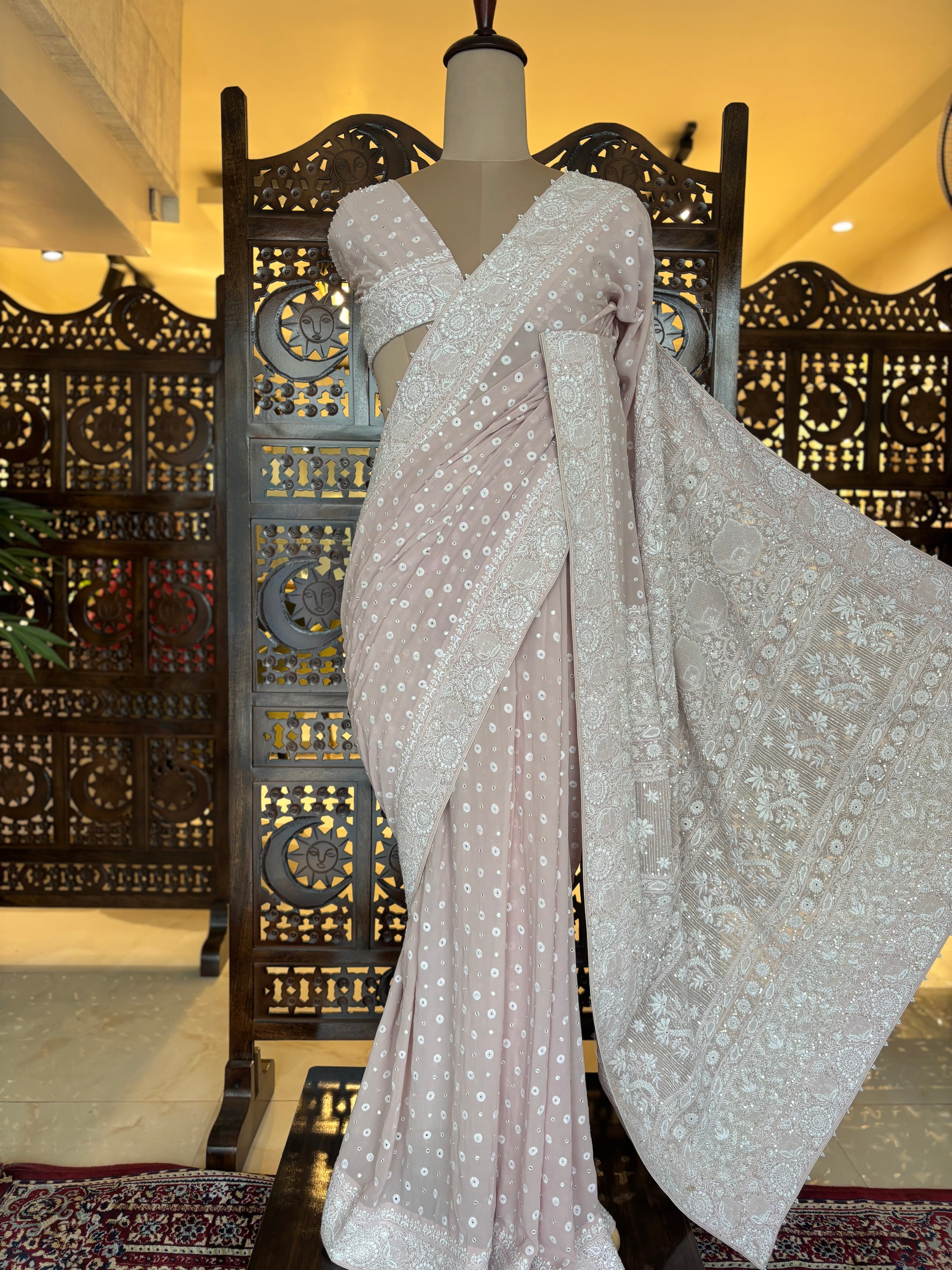 Lilac pure and premium Georgette Saree and Blouse - Pleats PleaseChikankari