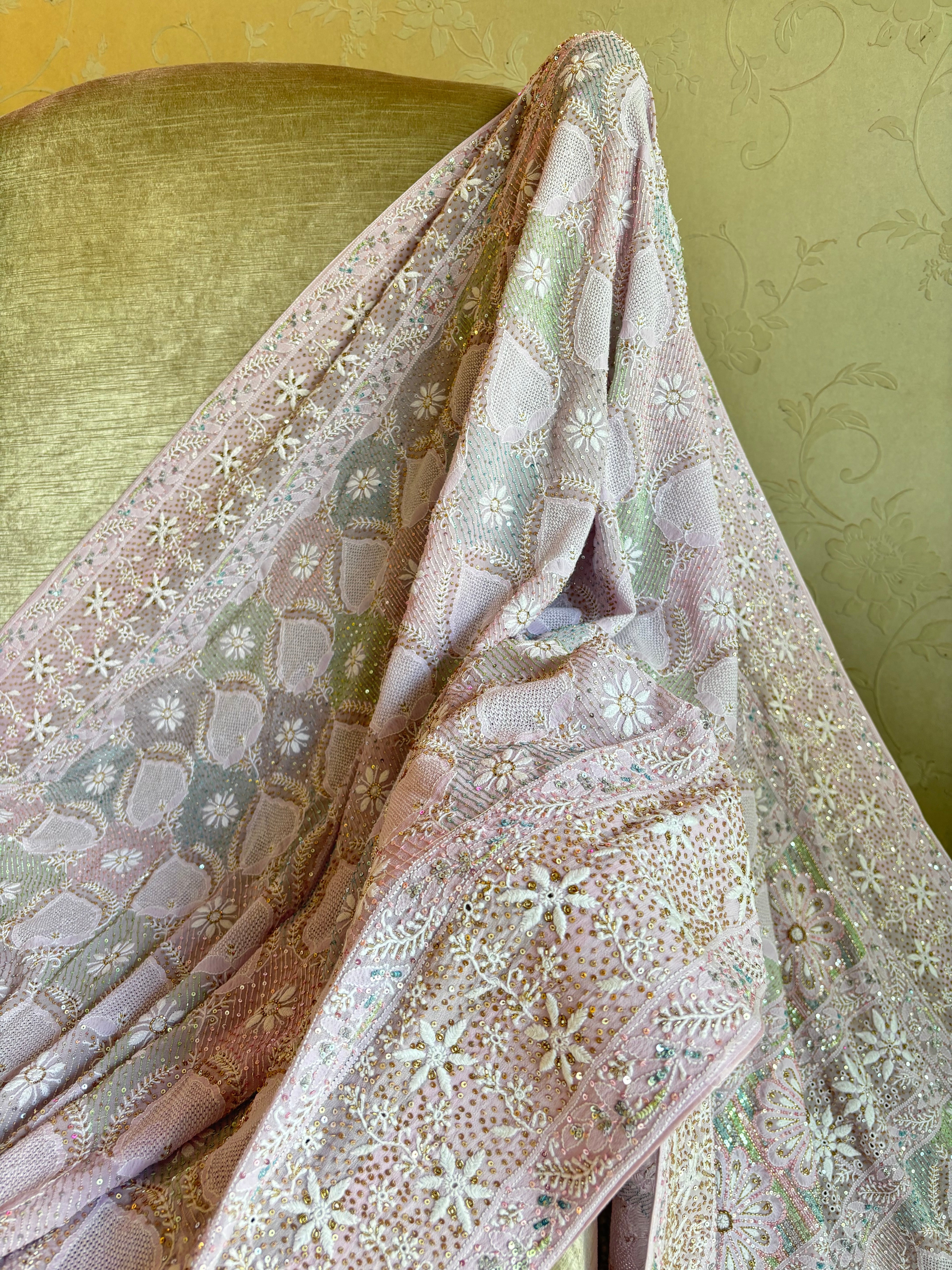 Lilac Pure Georgette Chikankari Saree and Blouse