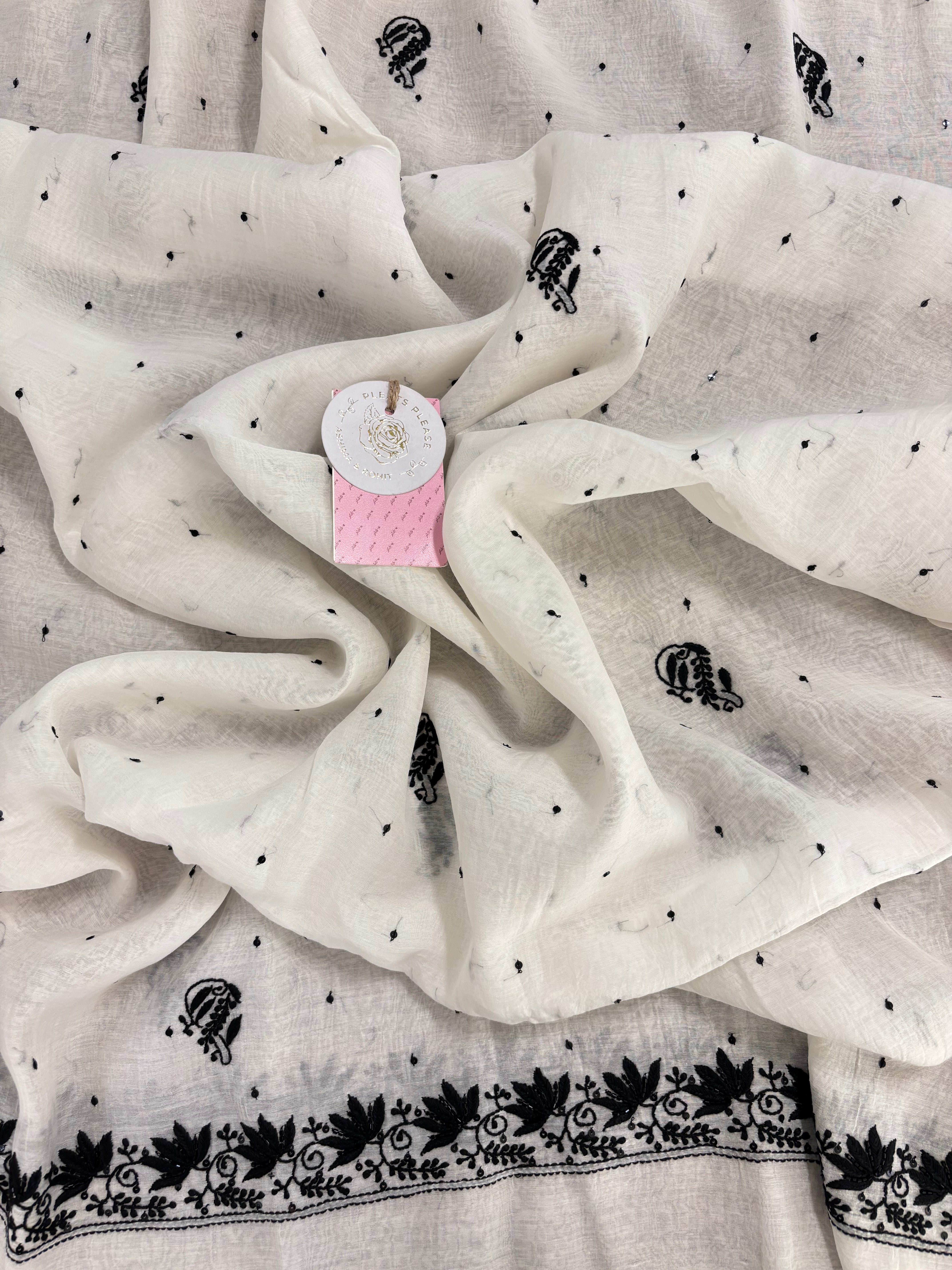 Dyeable Chanderi Black & White Chikankari Kurta & Dupatta