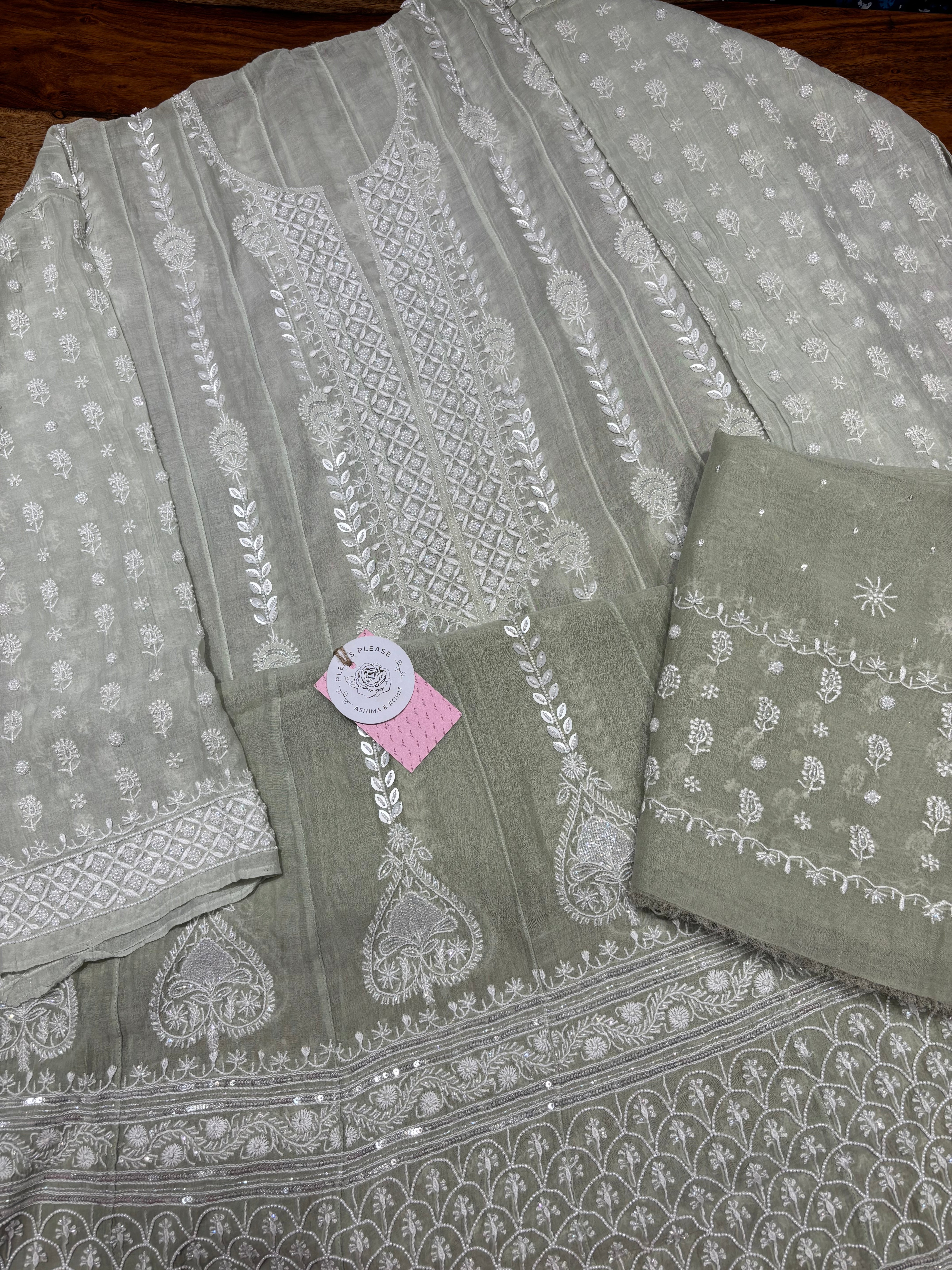 Sage Green Ombre Chanderi Mul Chikankari Anarkali & Dupatta Set