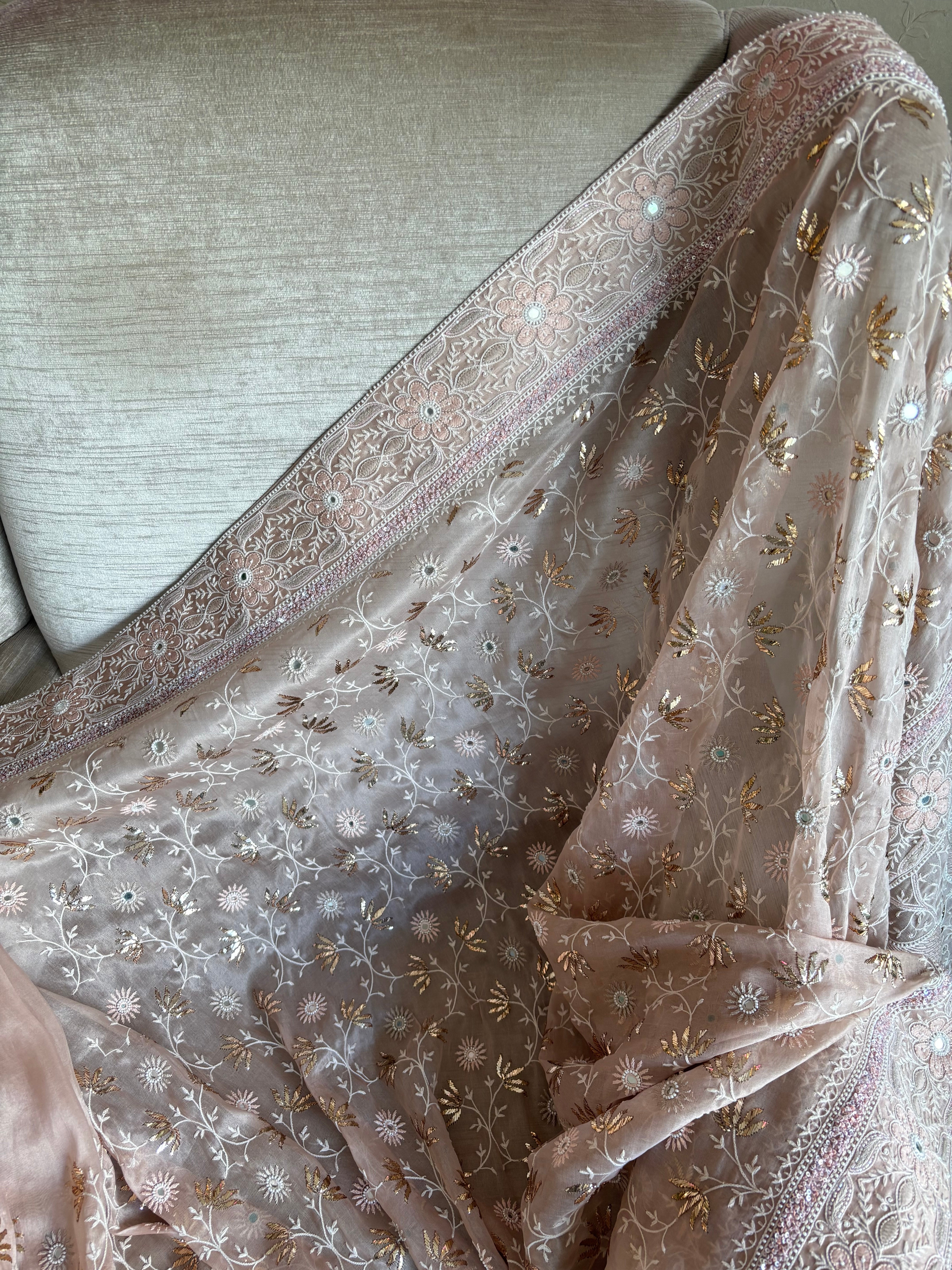 Dusty Peach Pure And Premium Organza Chikankari and Mukaish Saree
