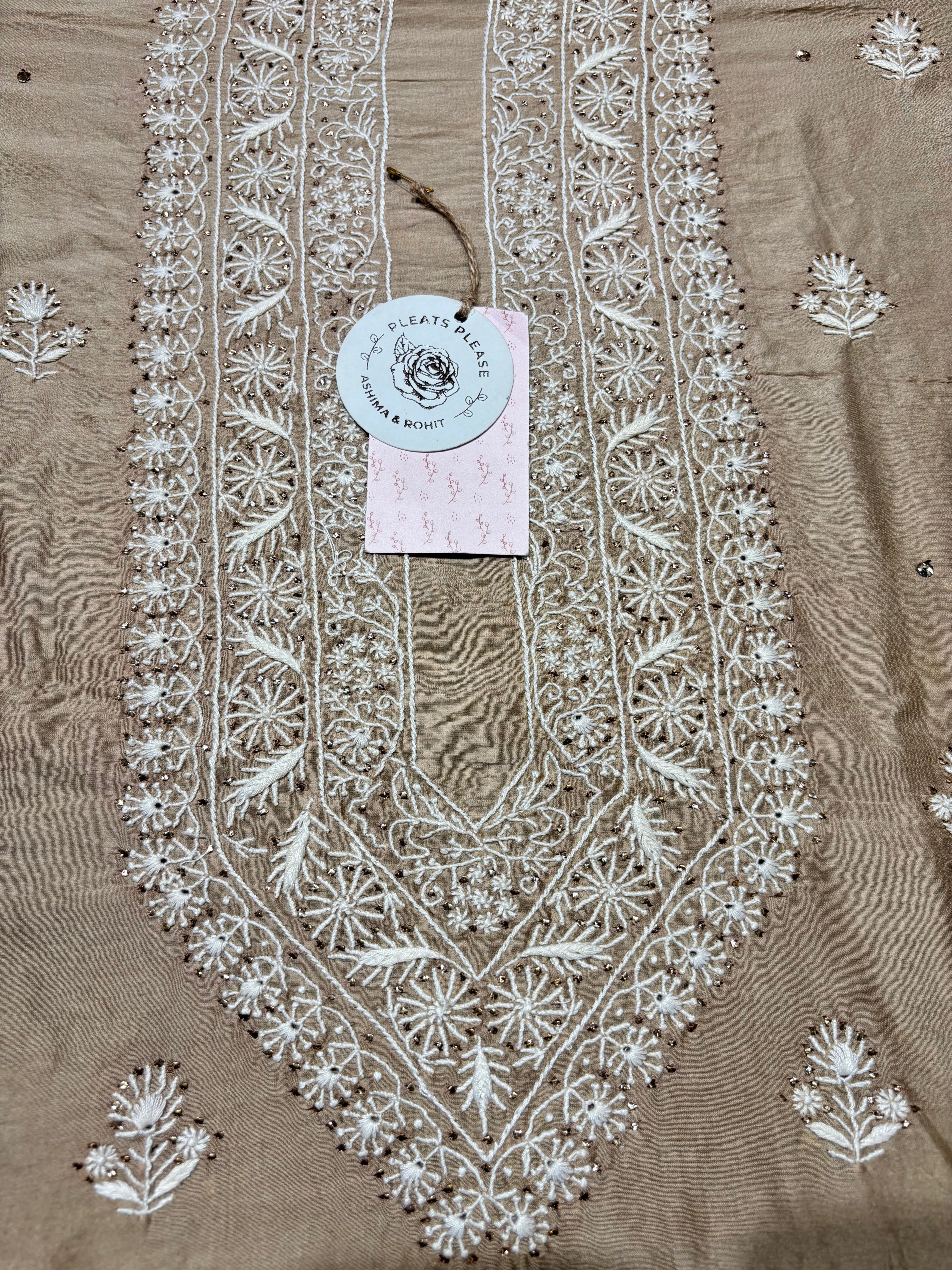 Beige Chanderi Silk Chikankari Mukaish Men’s Kurta Fabric