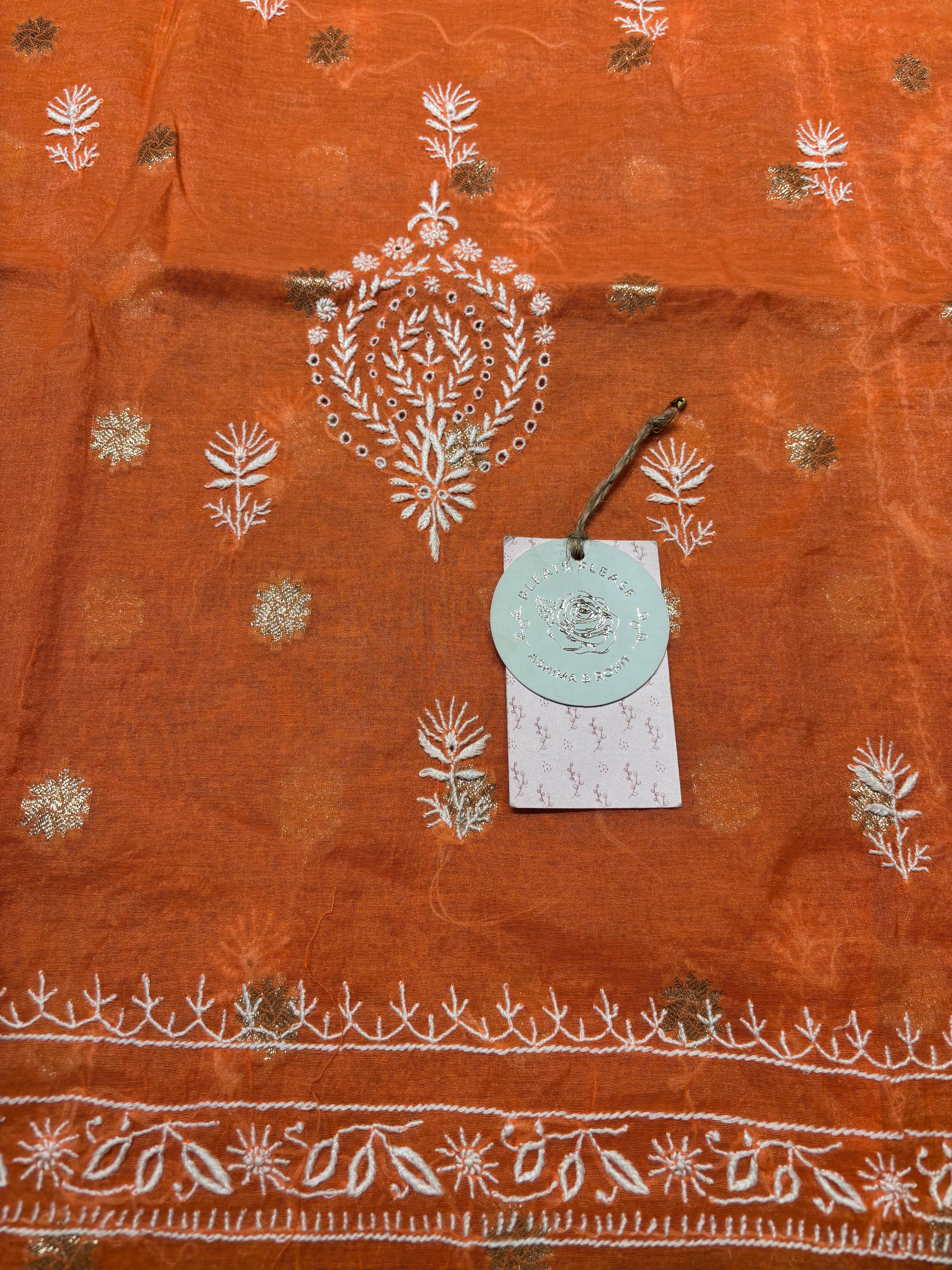 Burnt Orange Chanderi Silk Chikankari Kurta And Dupatta Fabric