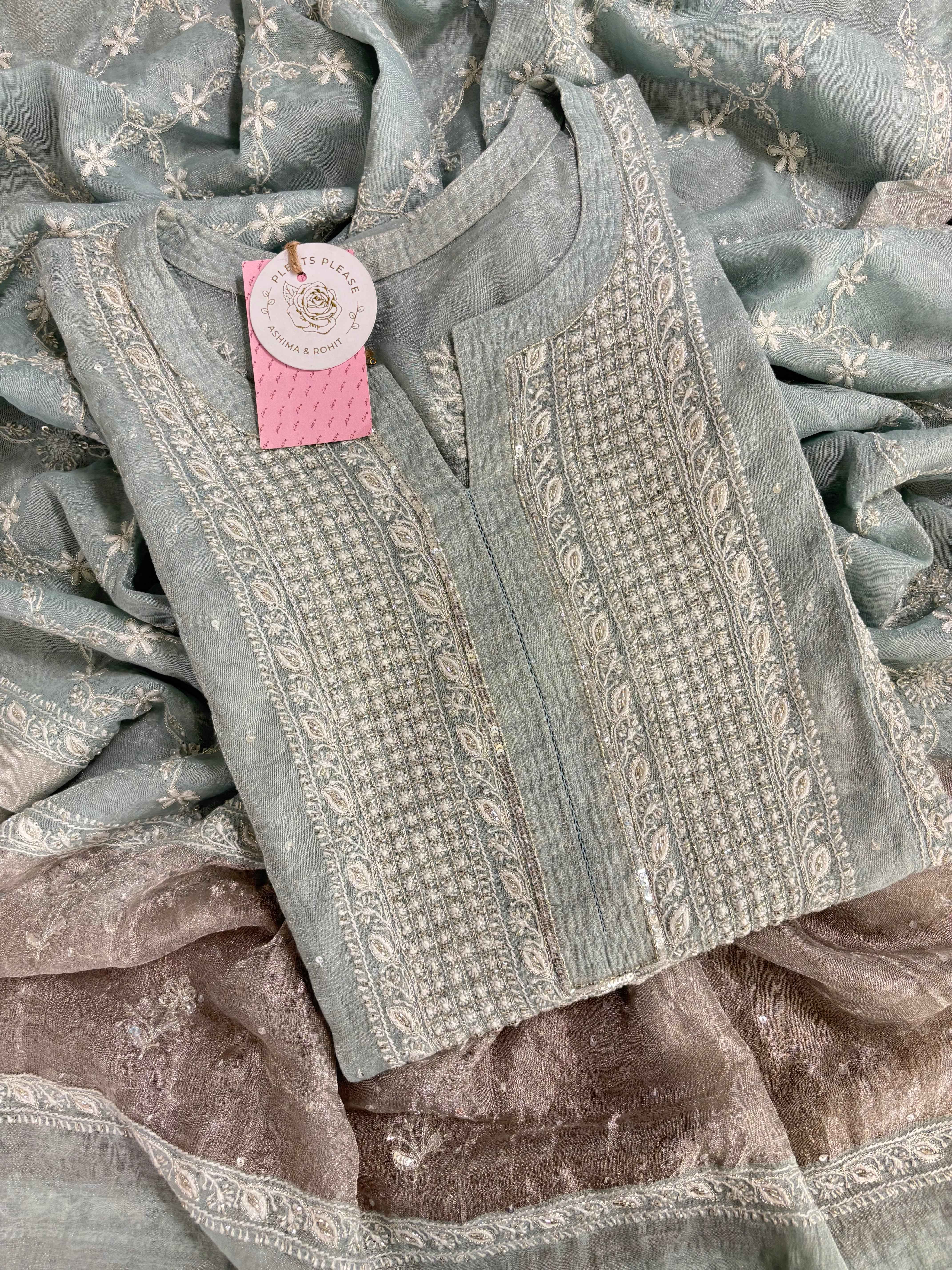 Pastel Sage Green Pure & Premium Tissue Chikankari Kurta & Dupatta