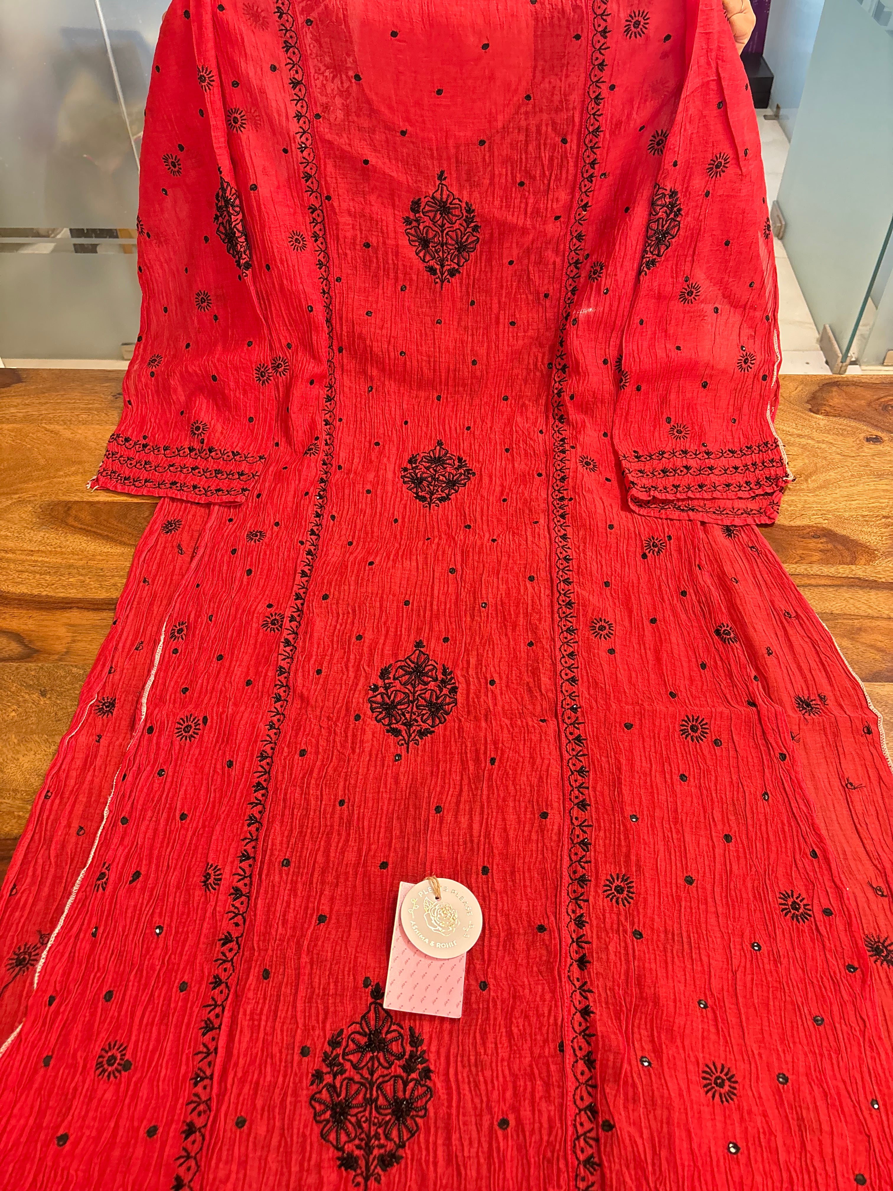 Red Chanderi Chikankari Kurta & Dupatta