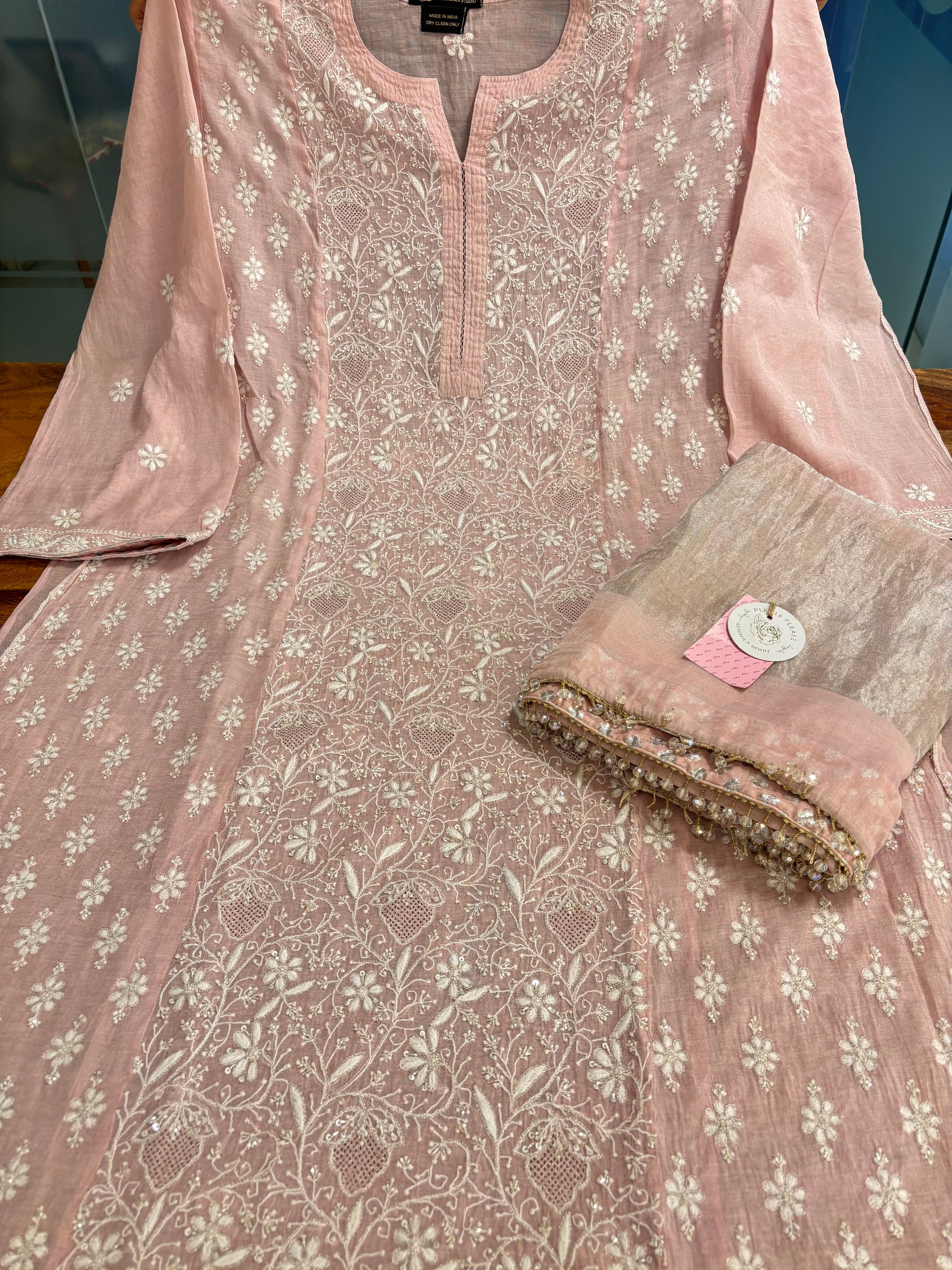 Blush Pink Pure Tissue Chikankari Kurta & Dupatta
