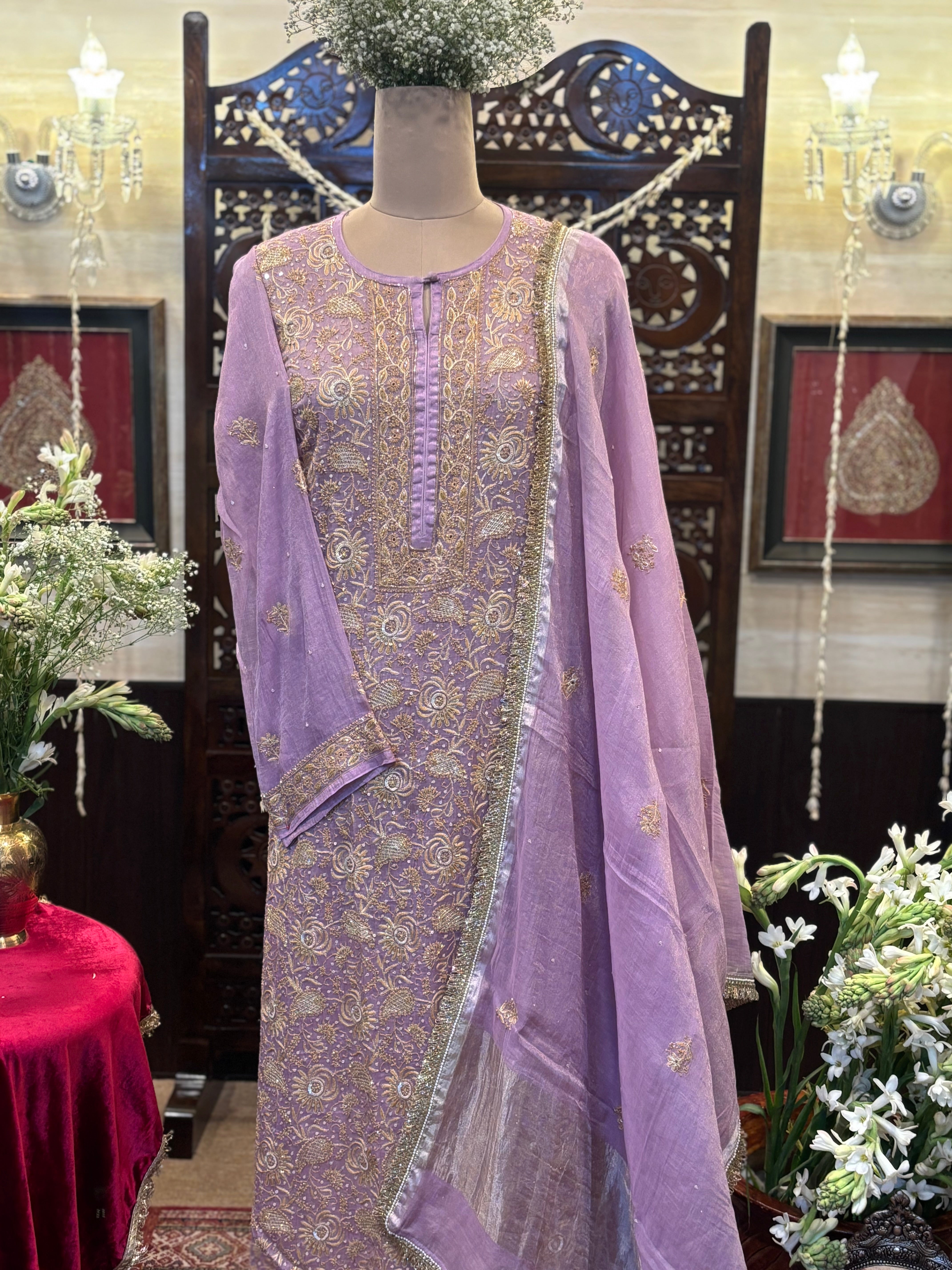 Lavender Pure & Premium Tissue Chikankari Kurta & Dupatta Set