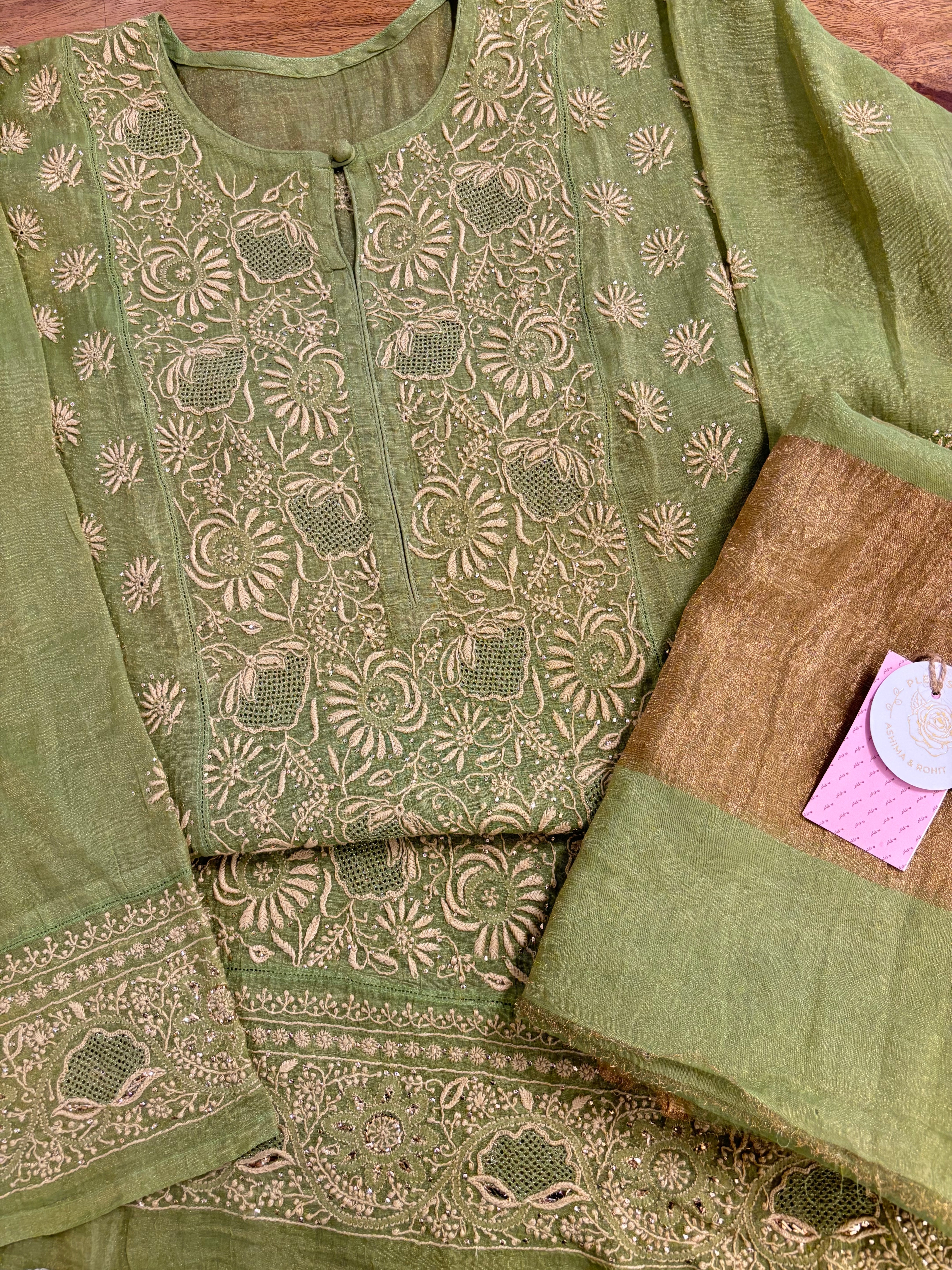 Warm Green Pure & Premium Tissue Chikankari Mukaish Kurta & Dupatta