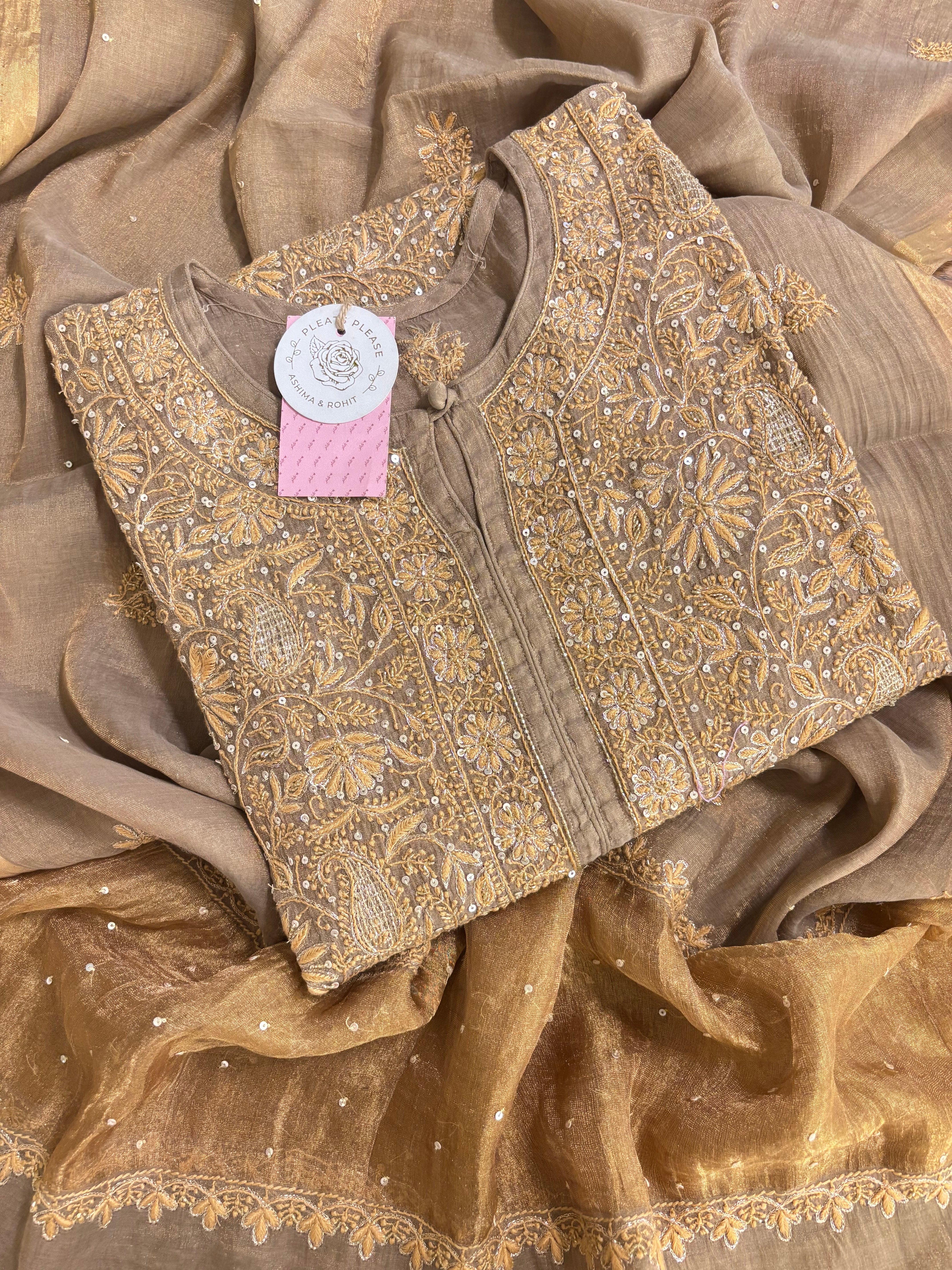 Warm Bronze Pure & Premium Tissue Chikankari Kurta & Dupatta