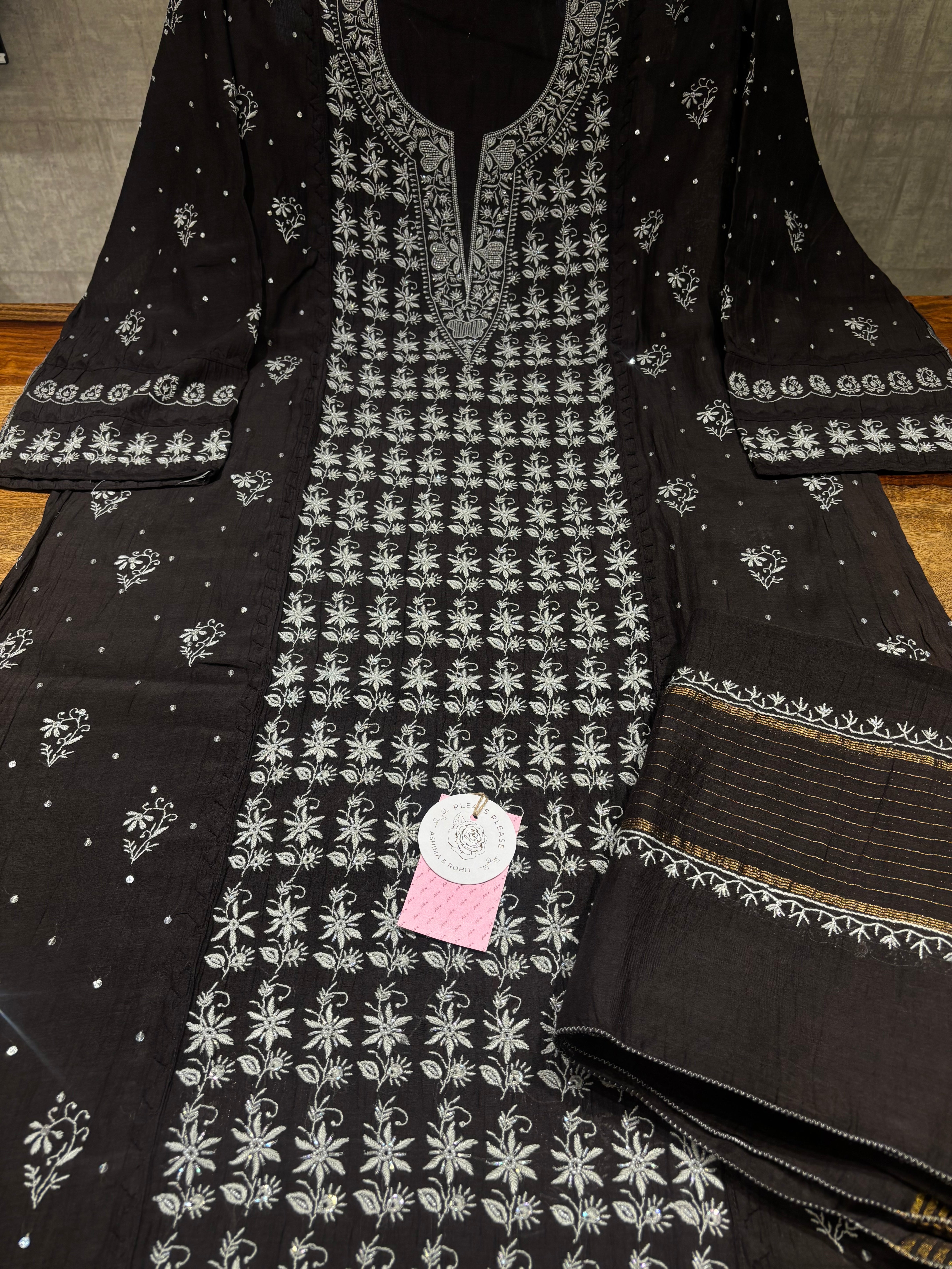 Black Chanderi Mul Chikankari Kurta & Dupatta Set