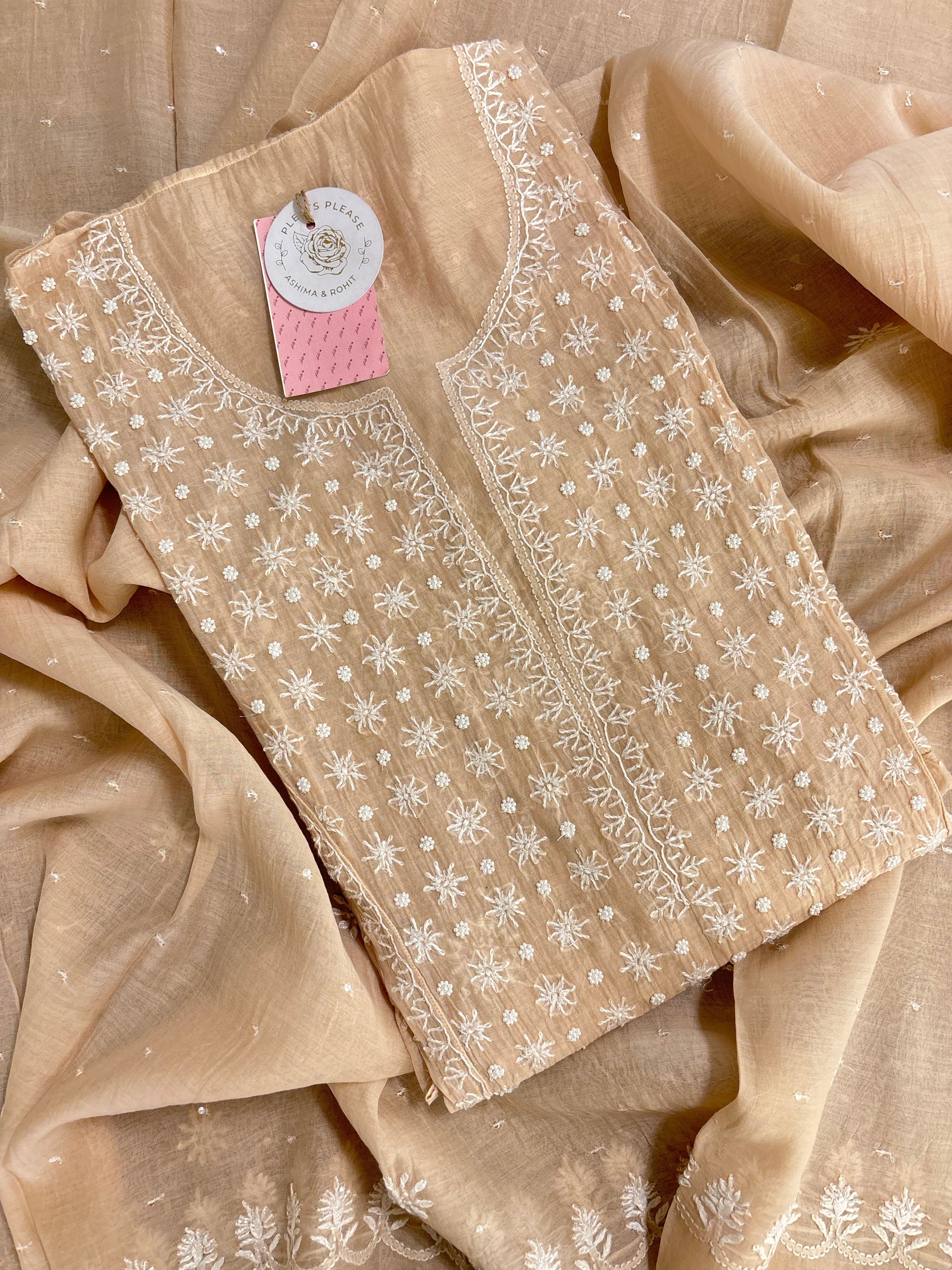 Pastel Peach Chanderi Chikankari Kurta & Dupatta