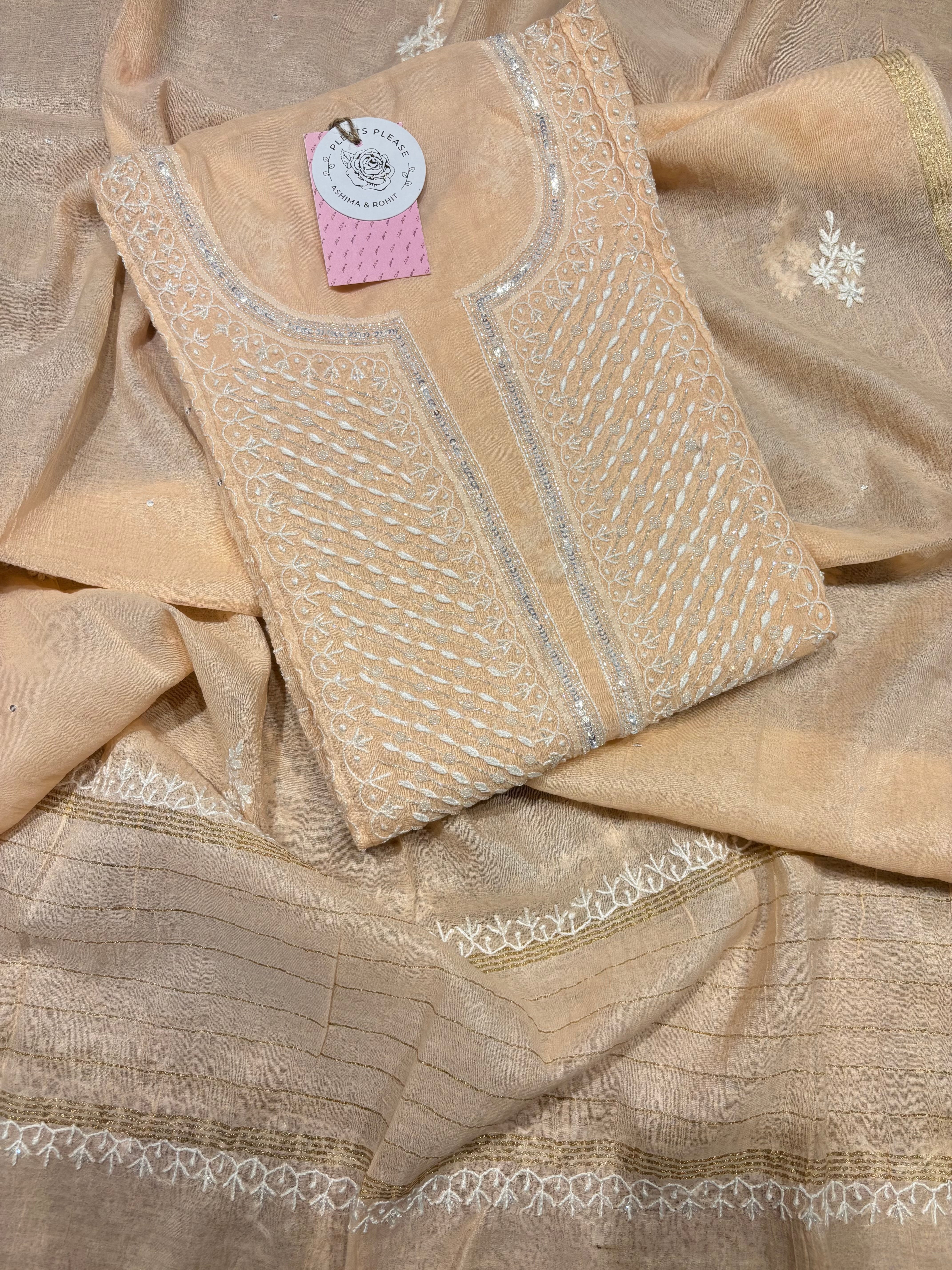 Soft Peach Chanderi Mul Chikankari Kurta and Dupatta Set