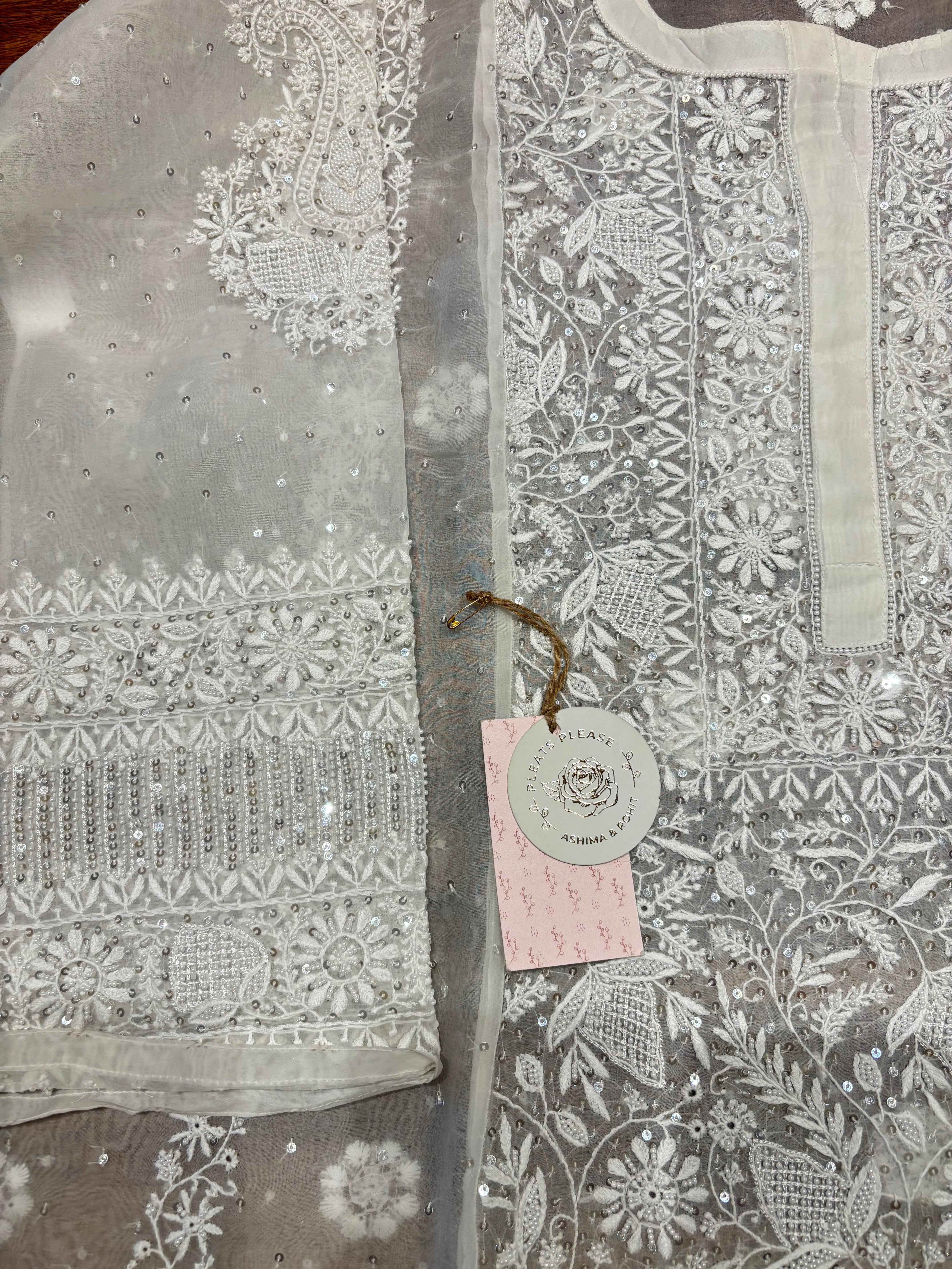 Dyeable Pure and Premium Organza Aline Anarkali and Dupatta - Pleats PleaseChikankari