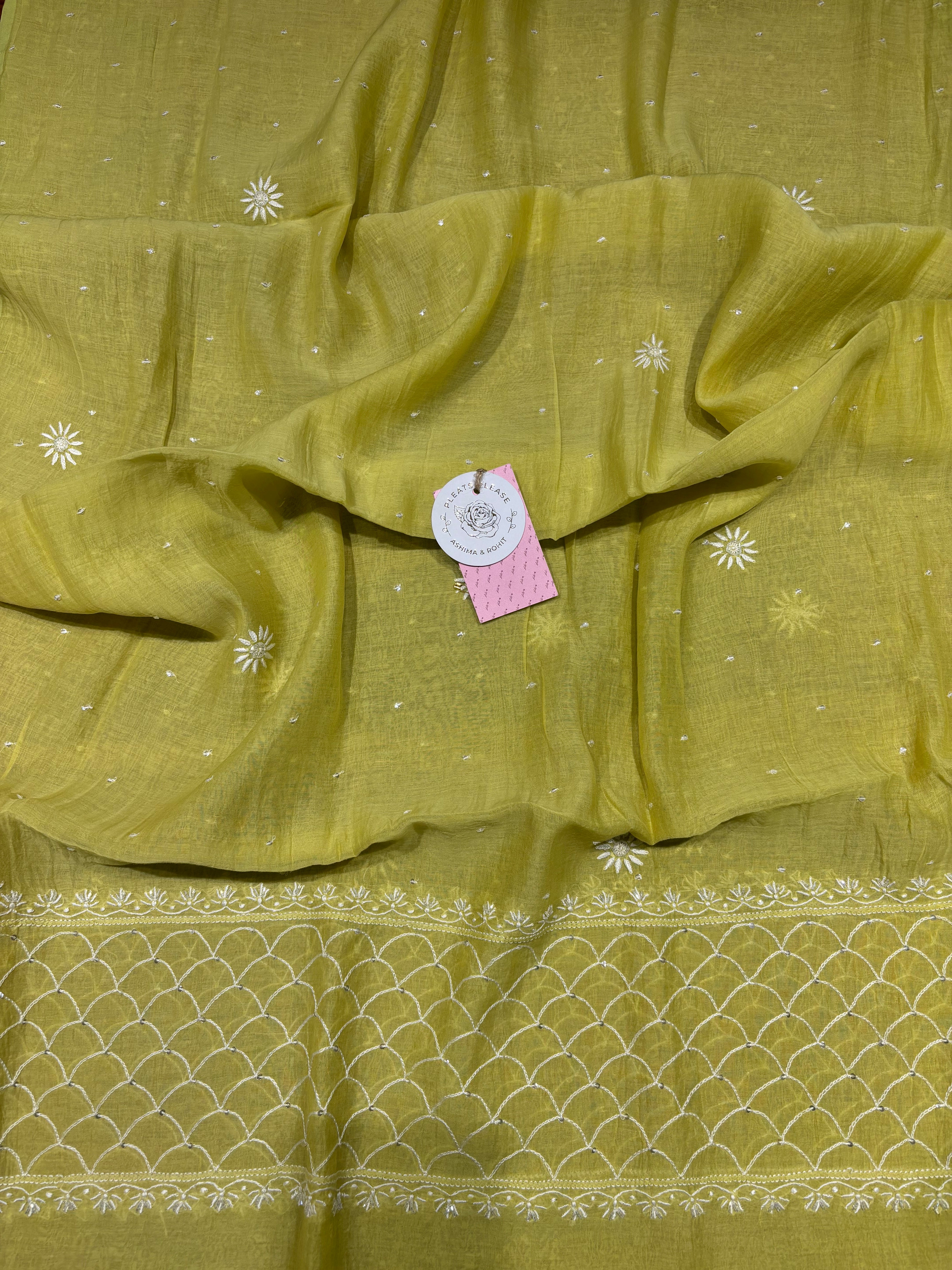 Neon Green Chanderi Mul Chikankari Kurta & Dupatta Set