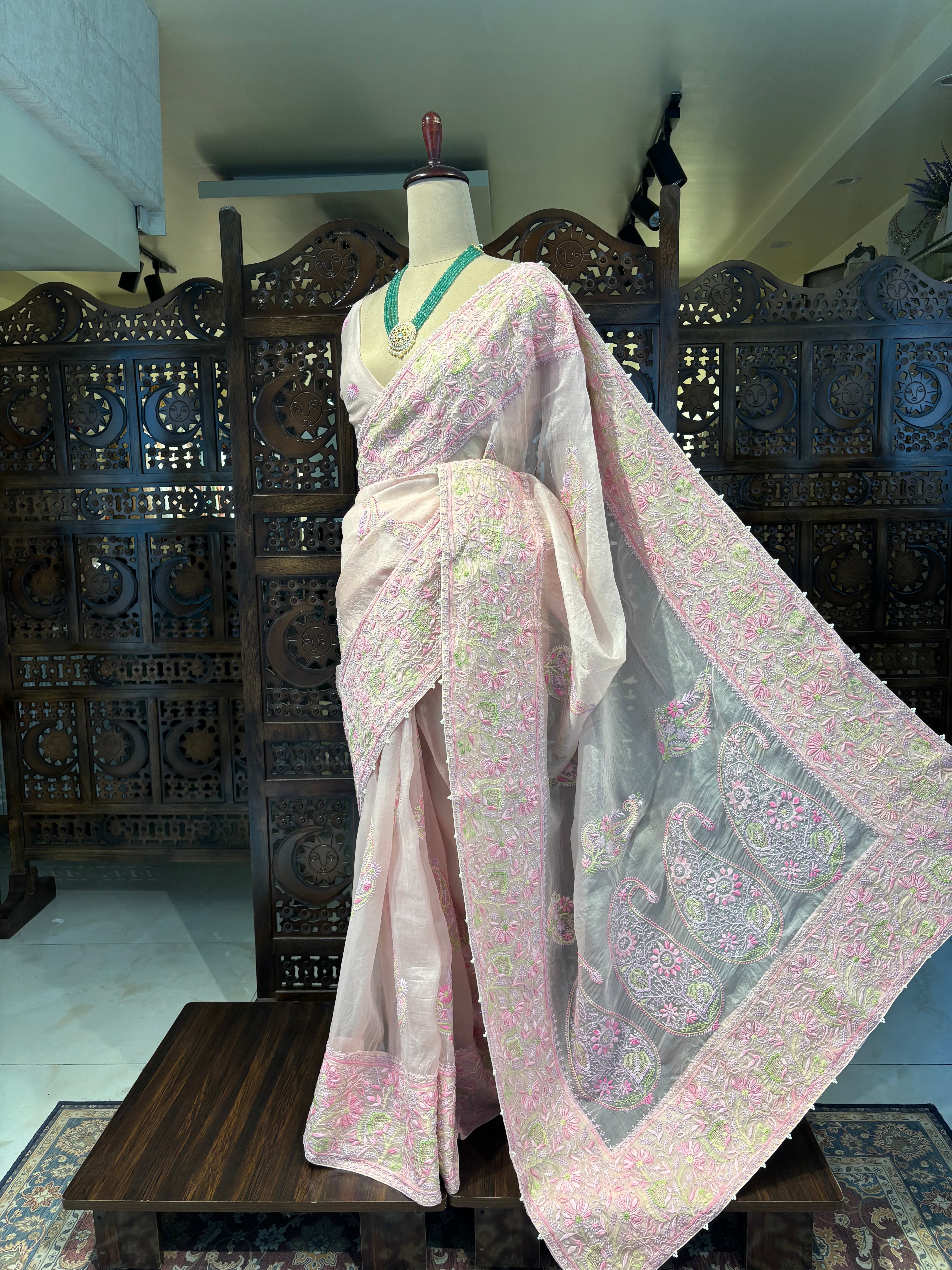 Baby Pink Pure Organza Saree