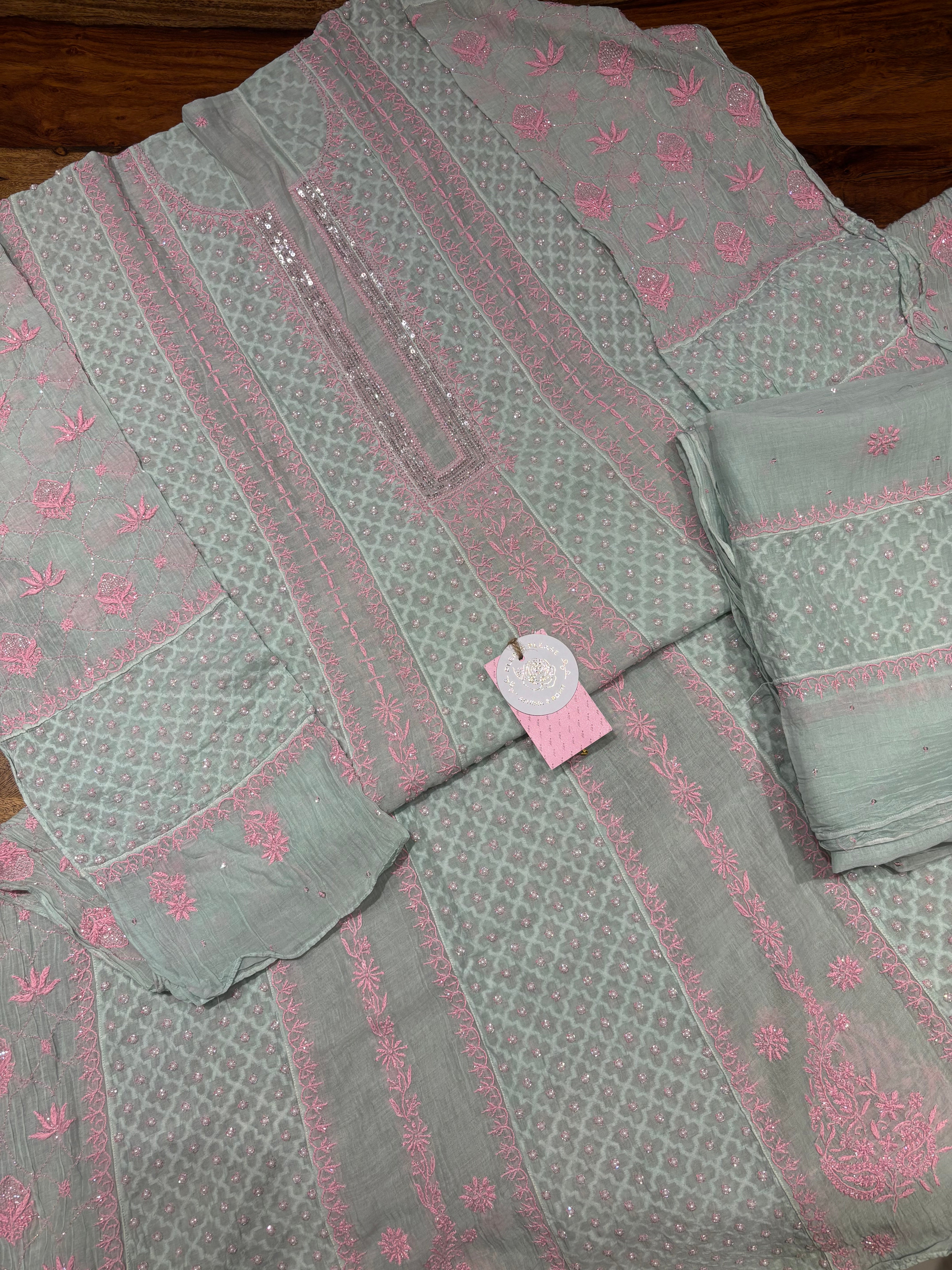 Mint Green Chanderi Mul Chikankari Anarkali & Dupatta Set