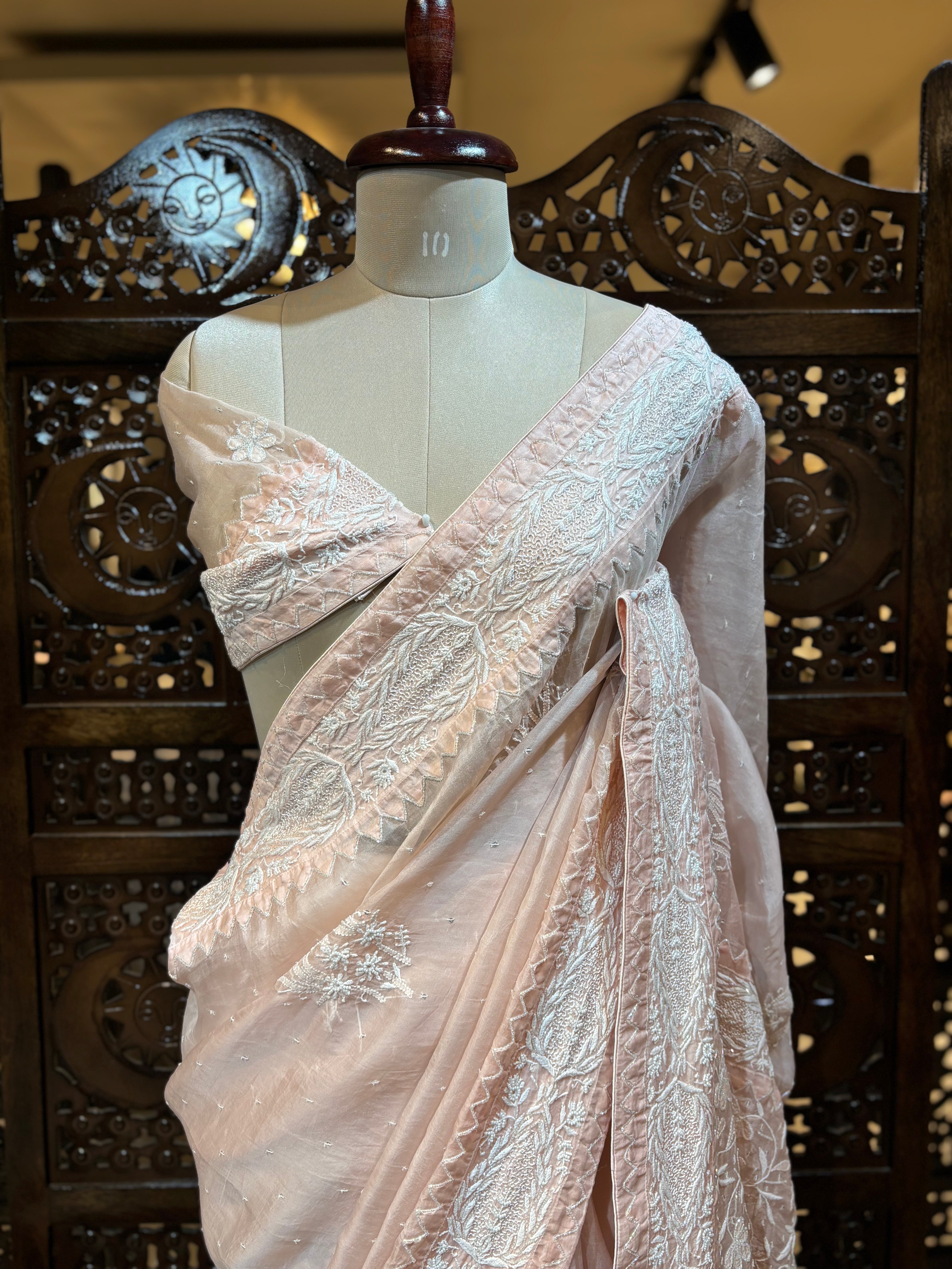 Blush Pink Organza Silk Chikankari Saree and Blouse - Pleats PleaseChikankari