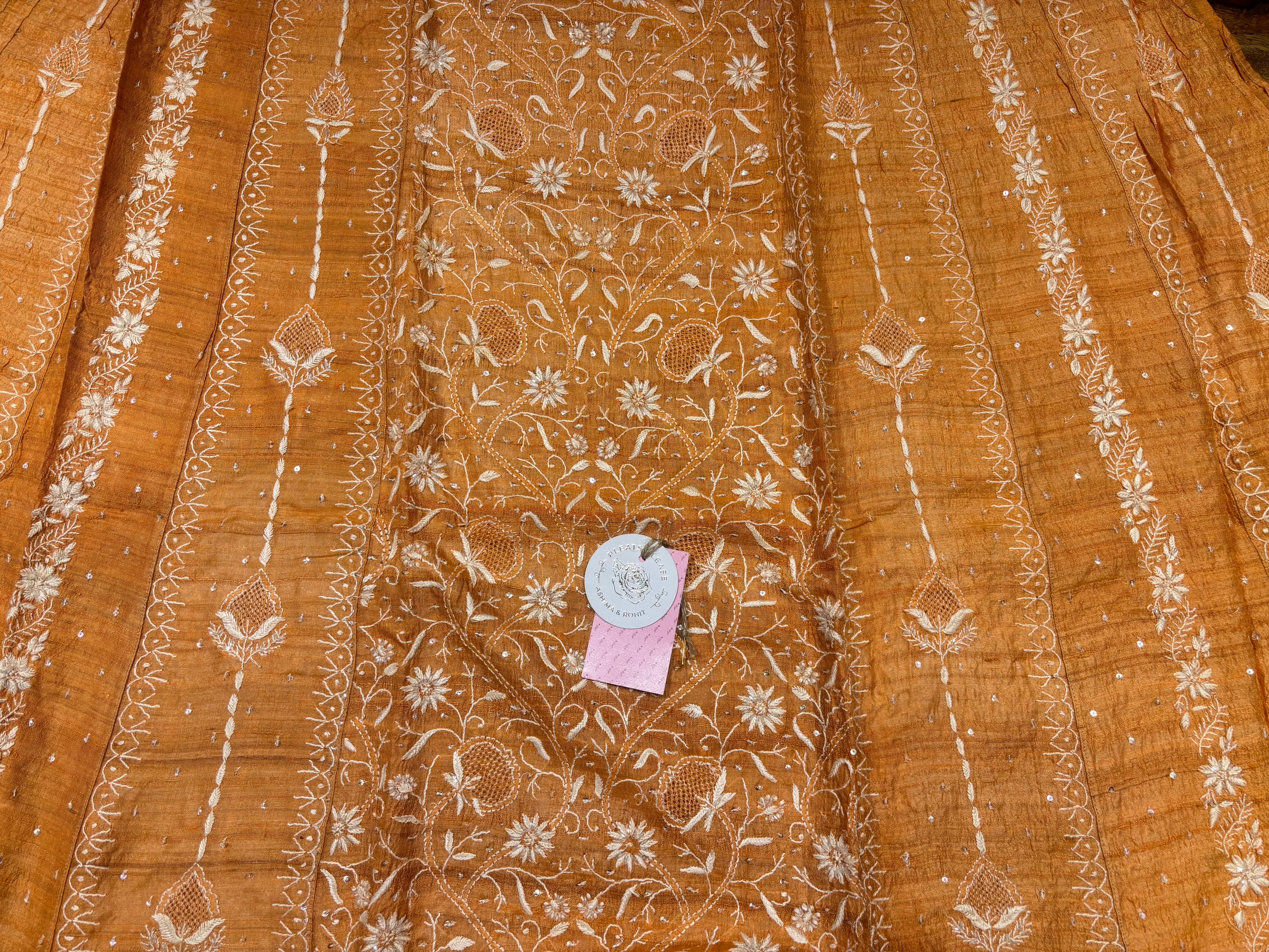 Orange Pure & Premium Tussar Silk Chikankari Anarkali & Dupatta Set