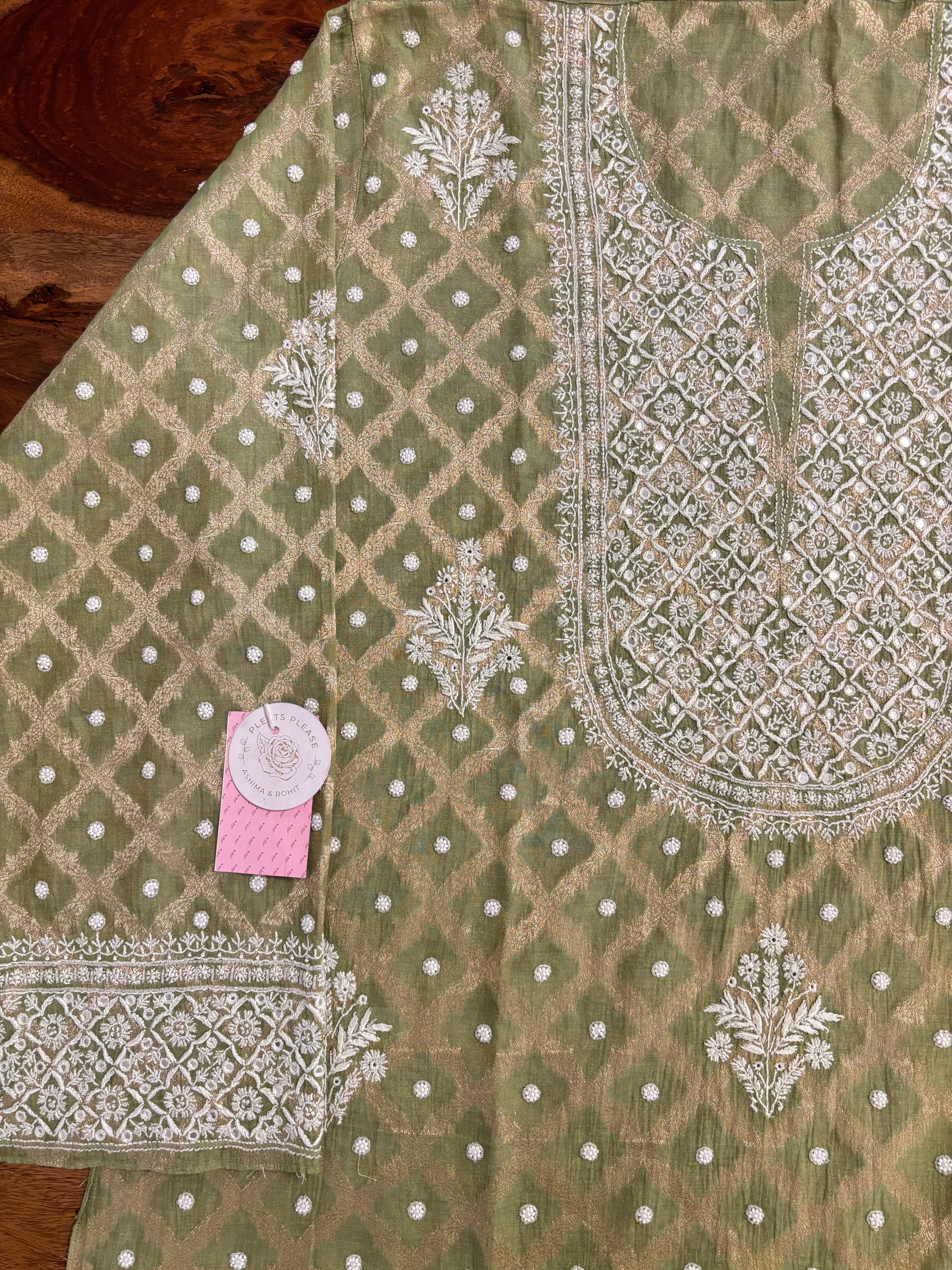 Olive Green Pure Tissue Chanderi Banarasi Silk Chikankari Kurta & Dupatta