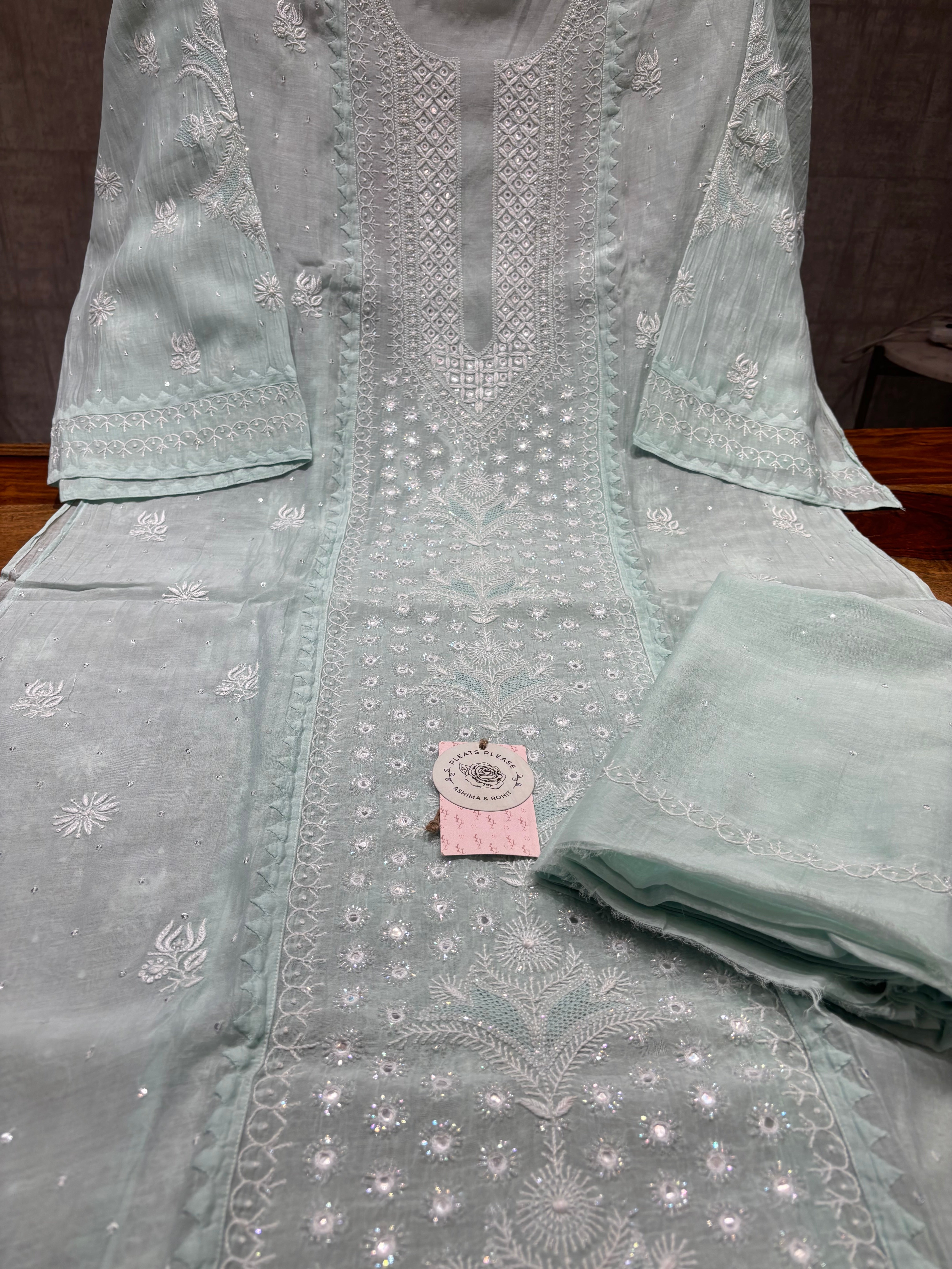 Mint Green Chanderi Mul Chikankari Kurta and Dupatta Set