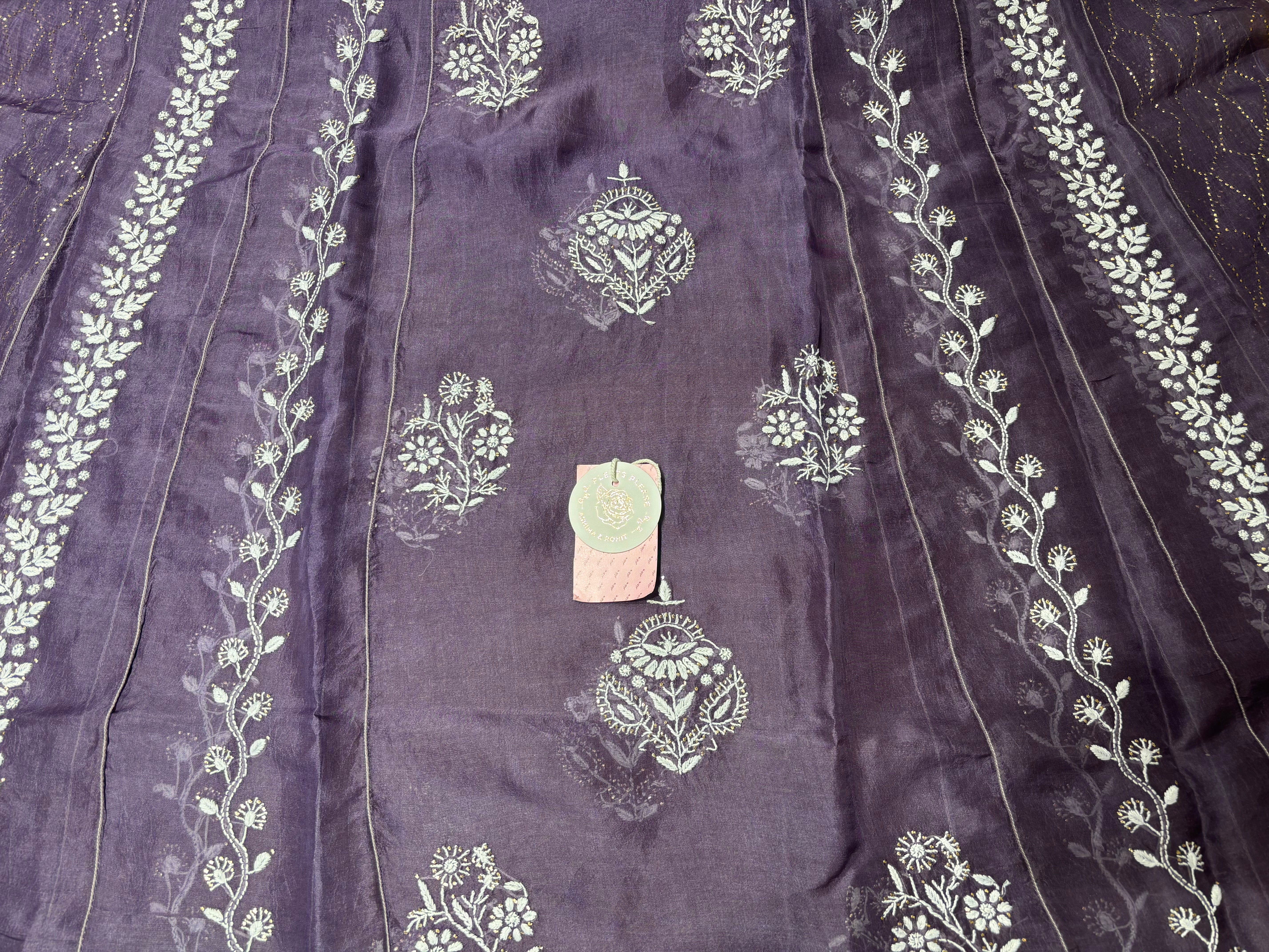 Deep Plum Pure Organza Silk Mukaish & Chikankari Anarkali & Dupatta
