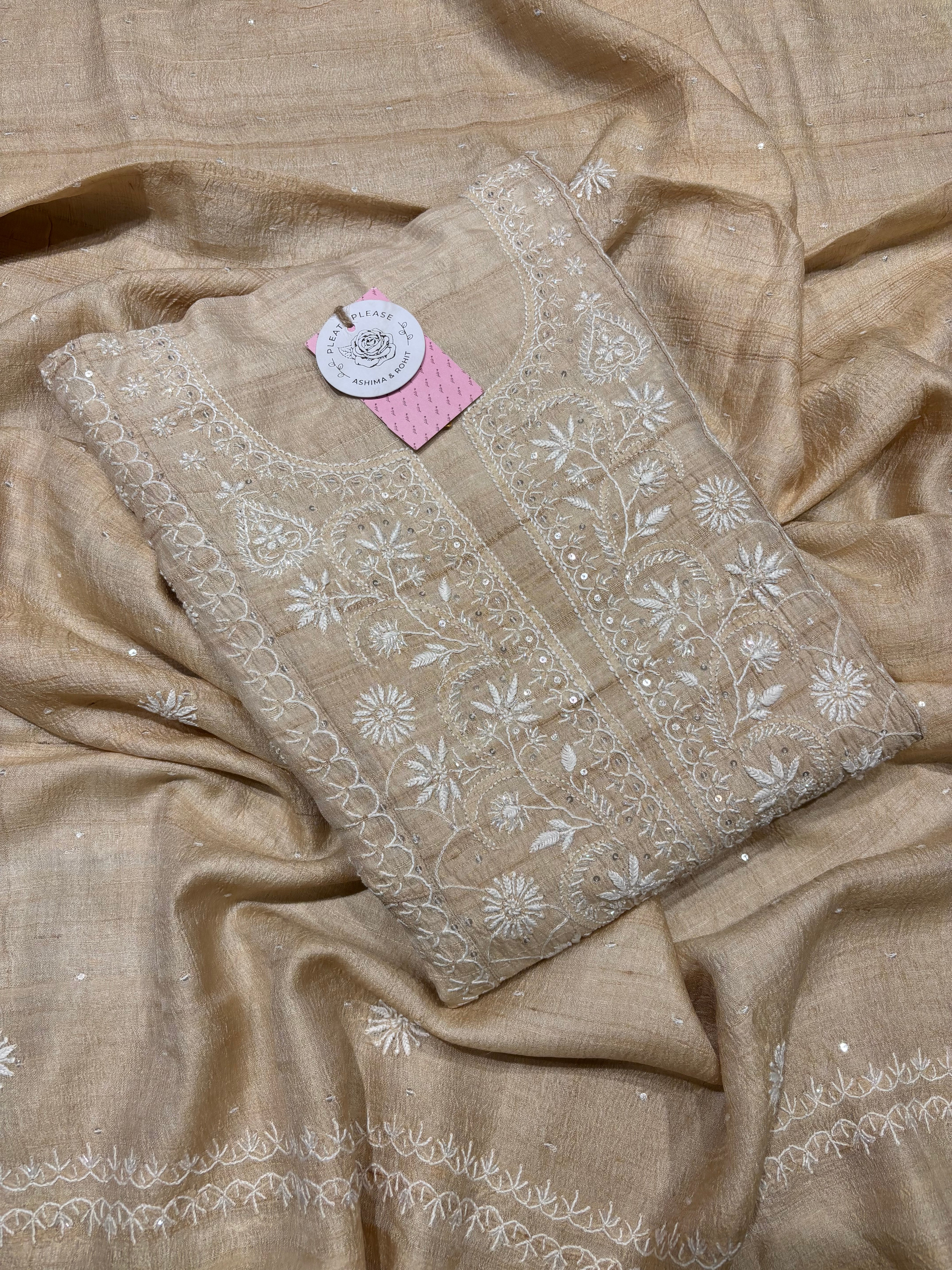Dyeable Pure & Premium Tussar Silk Chikankari Anarkali & Dupatta Set