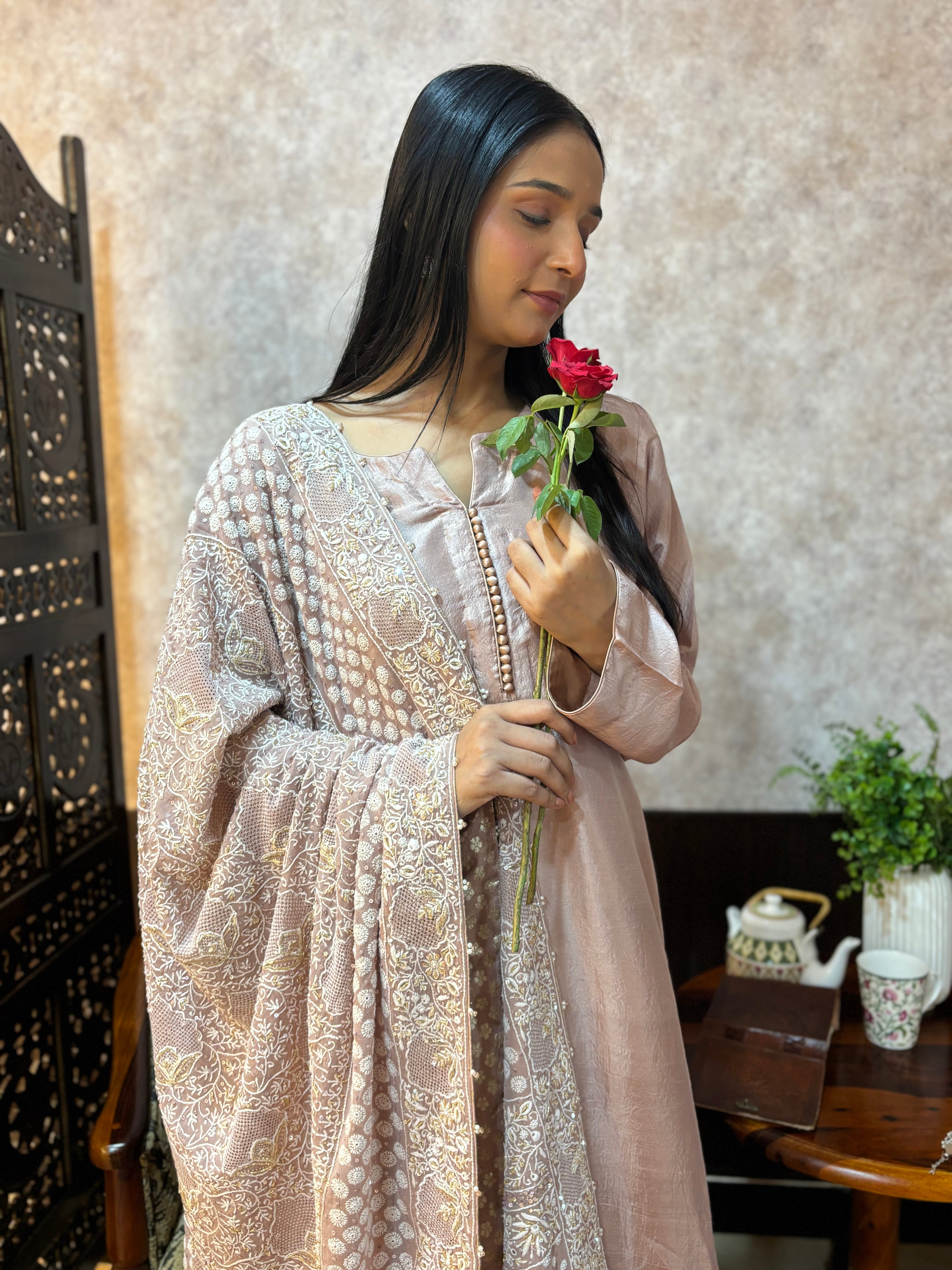 Dusty Rose Gold Pure and Premium Silk kurta and Bottom Georgette Chikankari Dupatta Set