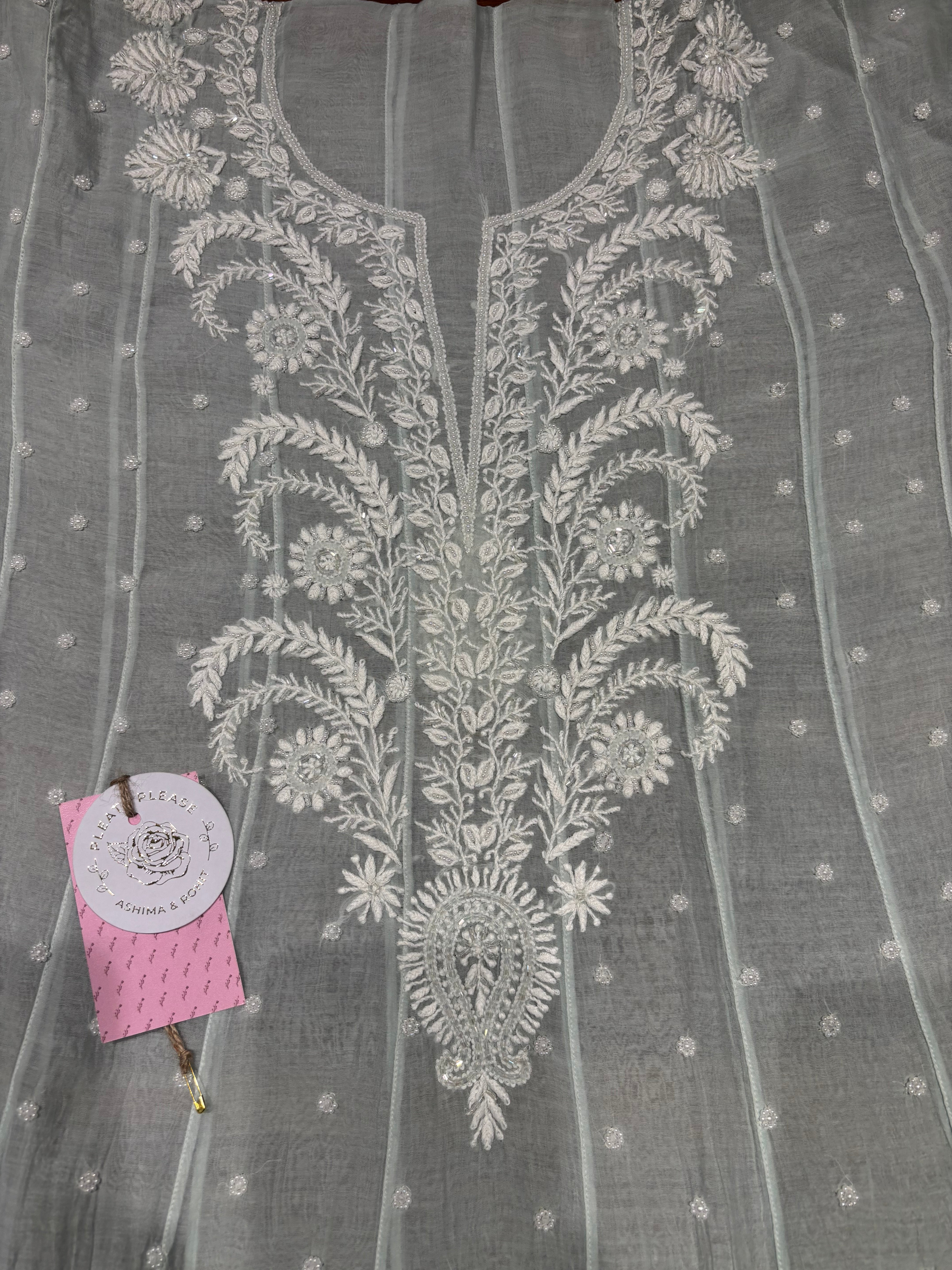 Sea Foam Ombre Chanderi Mul Chikankari Anarkali & Dupatta Set