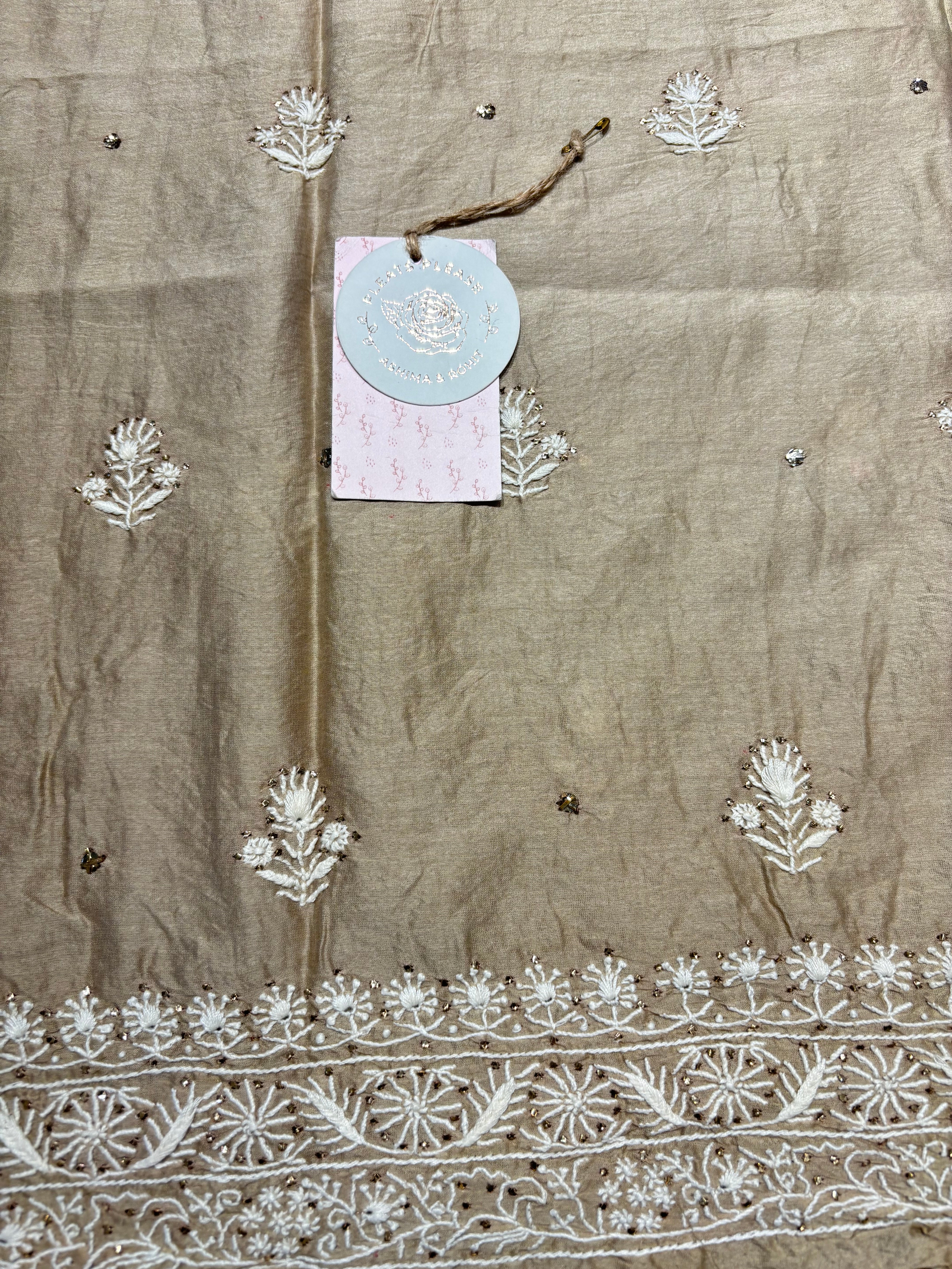 Beige Chanderi Silk Chikankari Mukaish Men’s Kurta Fabric