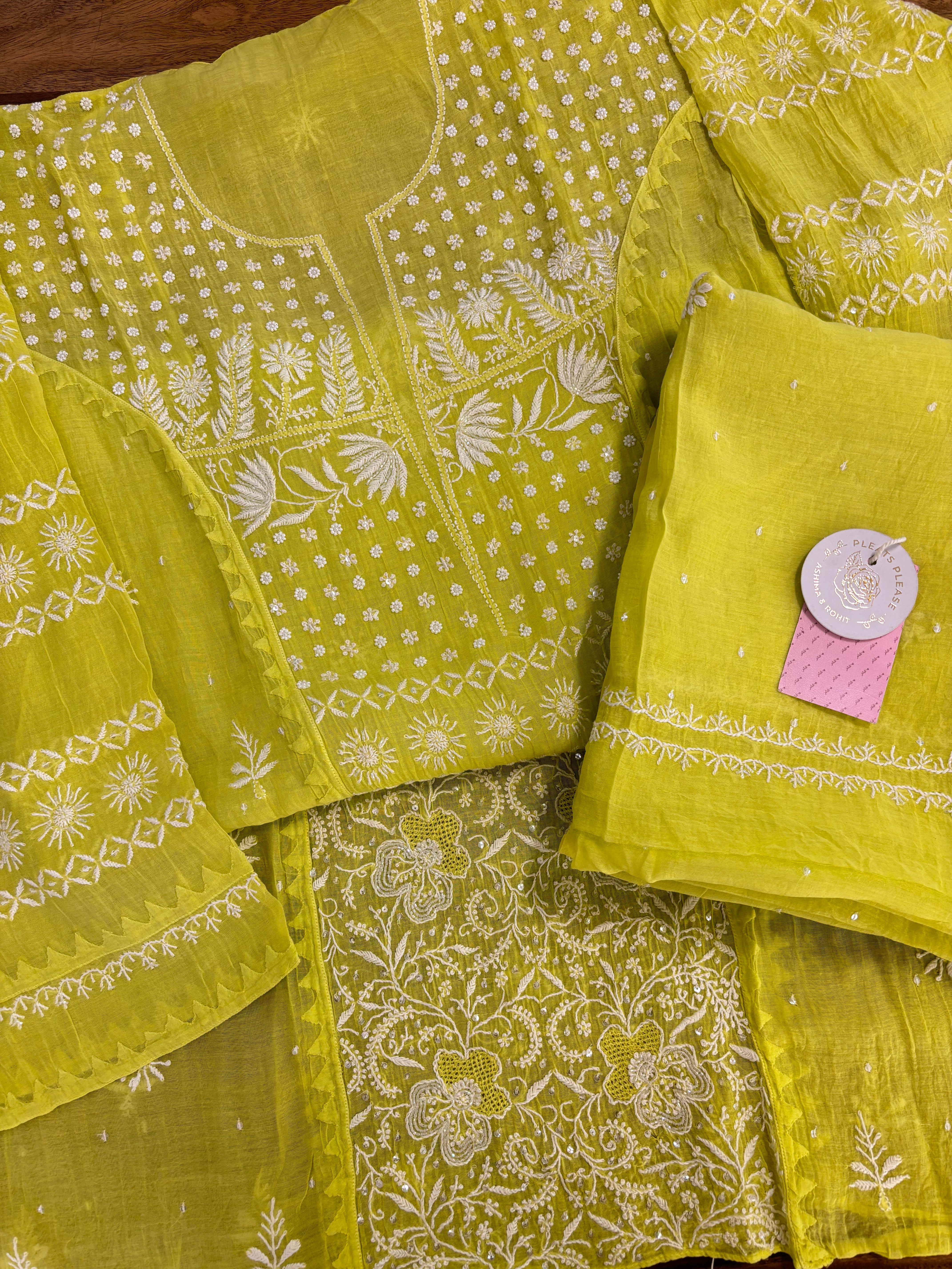 Neon Green Chanderi Mul Chikankari Kurta & Dupatta