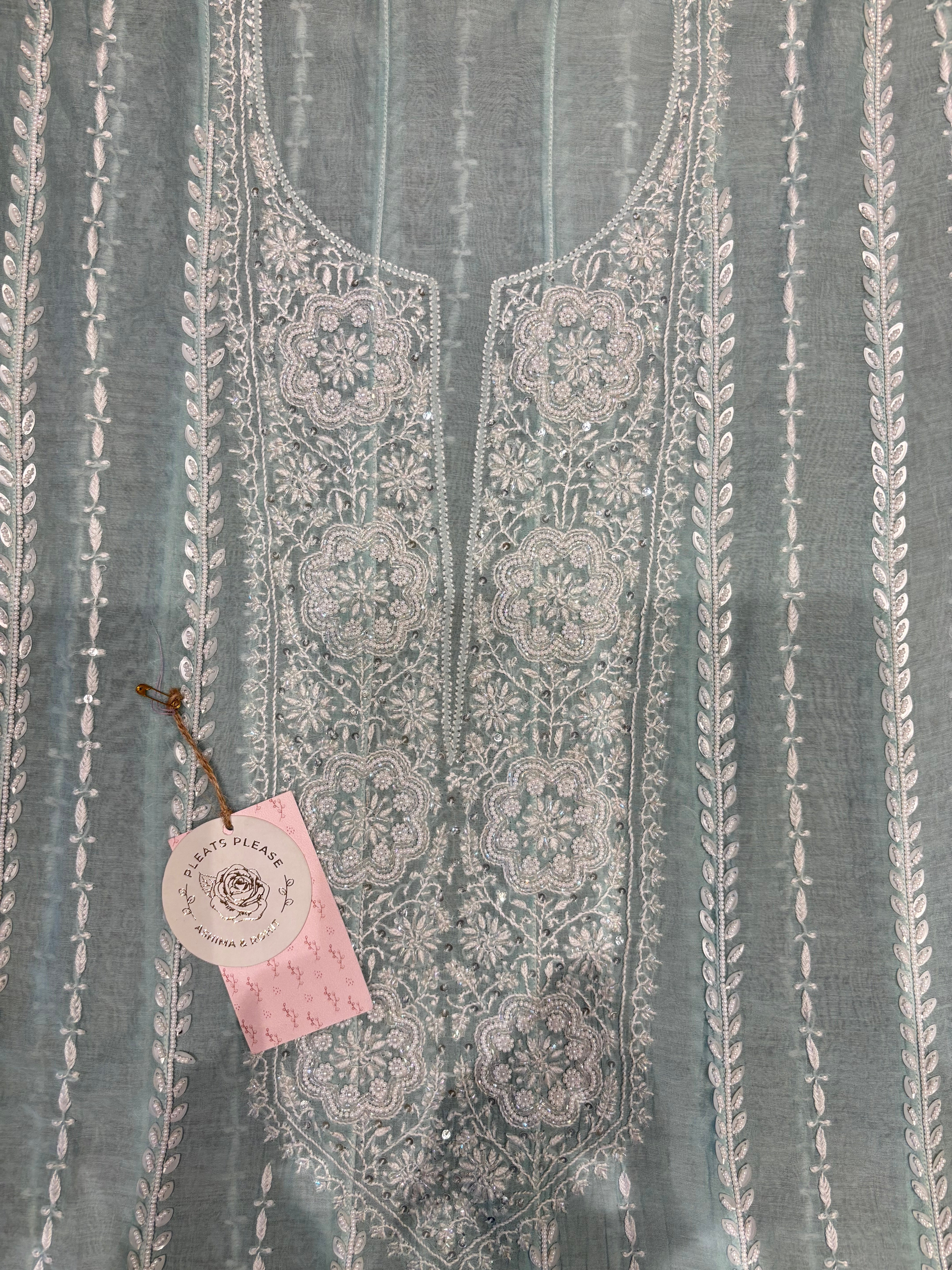 Teal Green Chanderi Mul Chikankari Anarkali Kurta and Dupatta