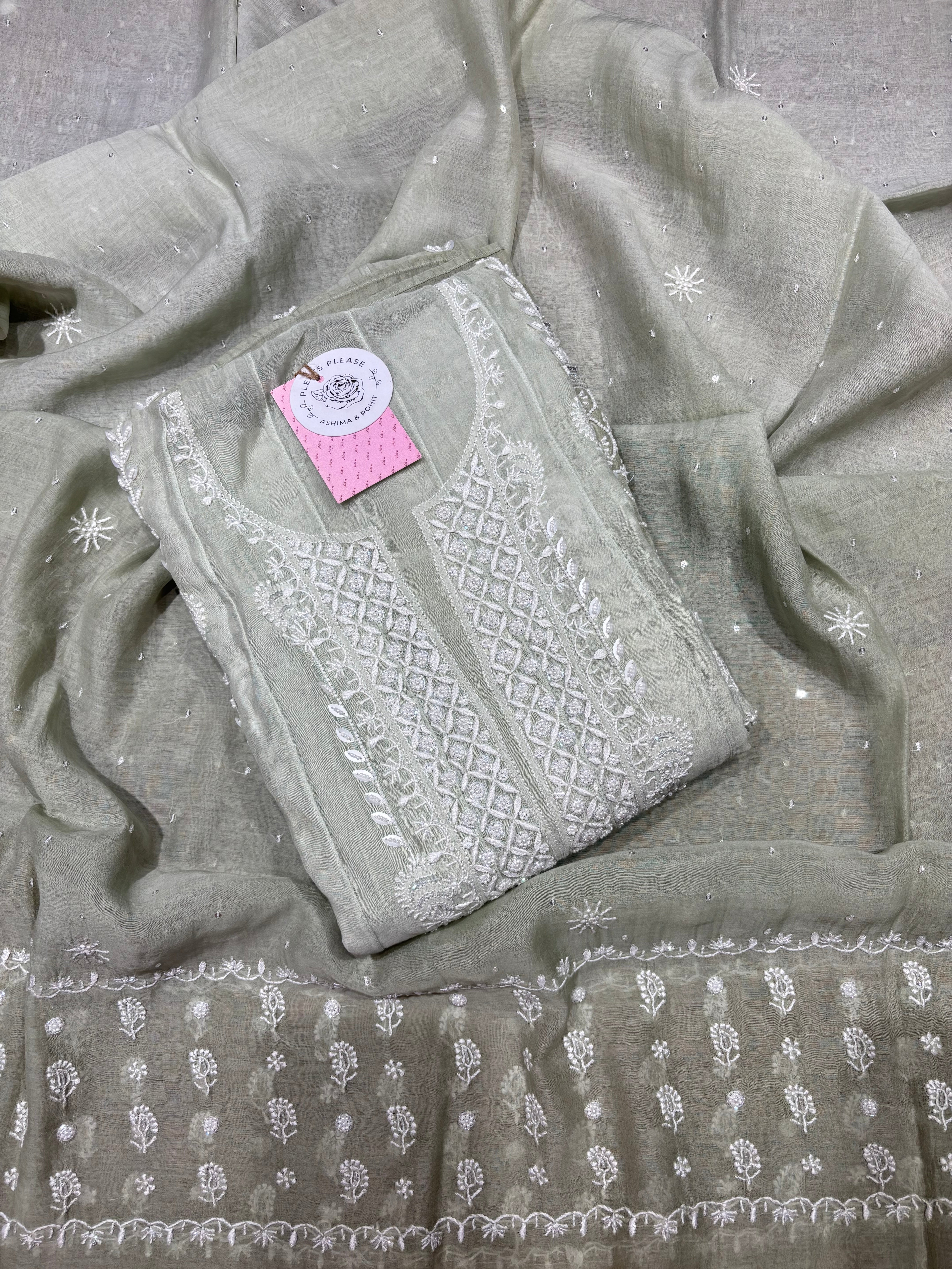 Sage Green Ombre Chanderi Mul Chikankari Anarkali & Dupatta Set