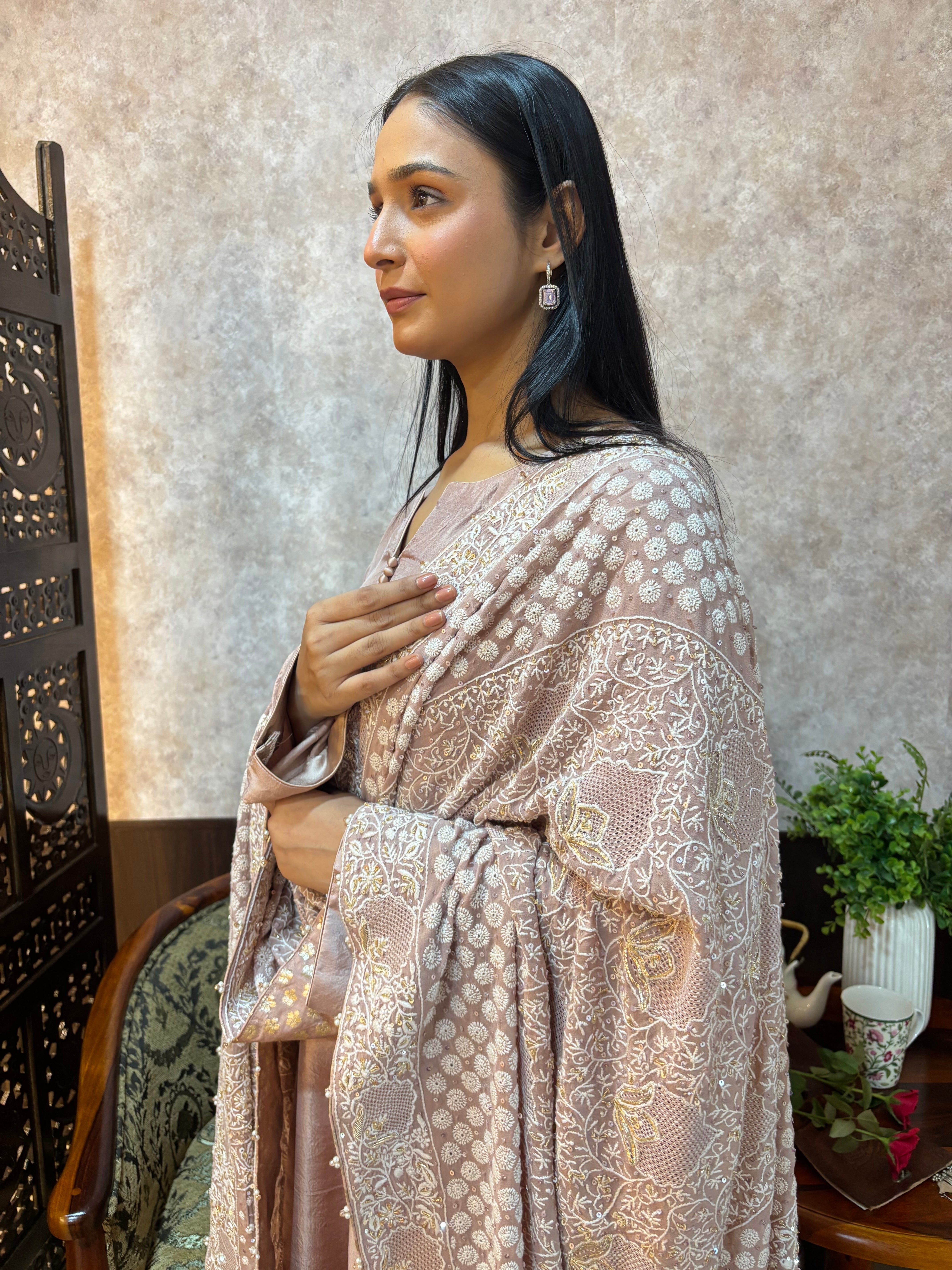 Dusty Rose Gold Pure and Premium Silk kurta and Bottom Georgette Chikankari Dupatta Set