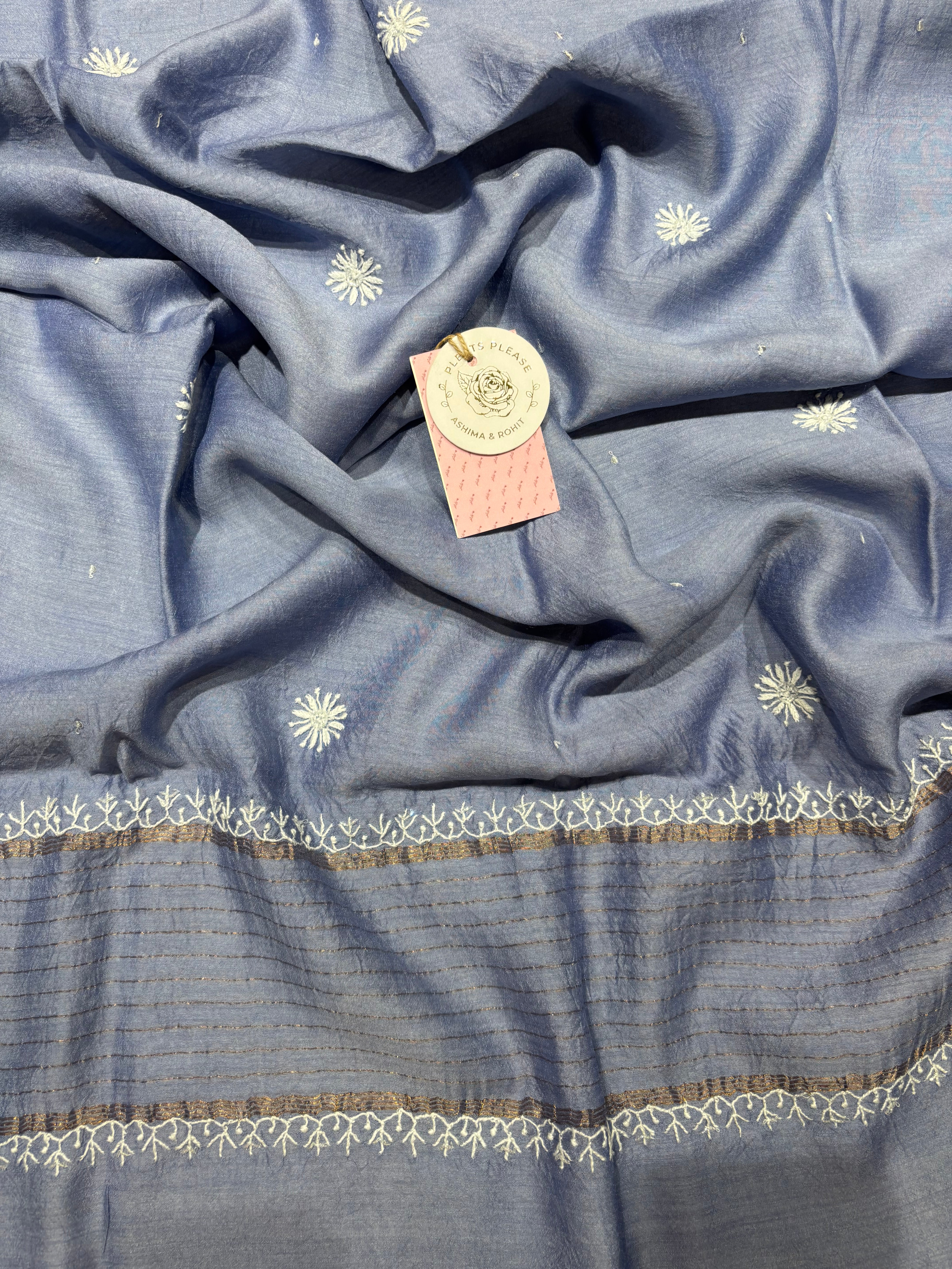 Blue pure Monga Silk Chikankari Kurta and Dupatta Set