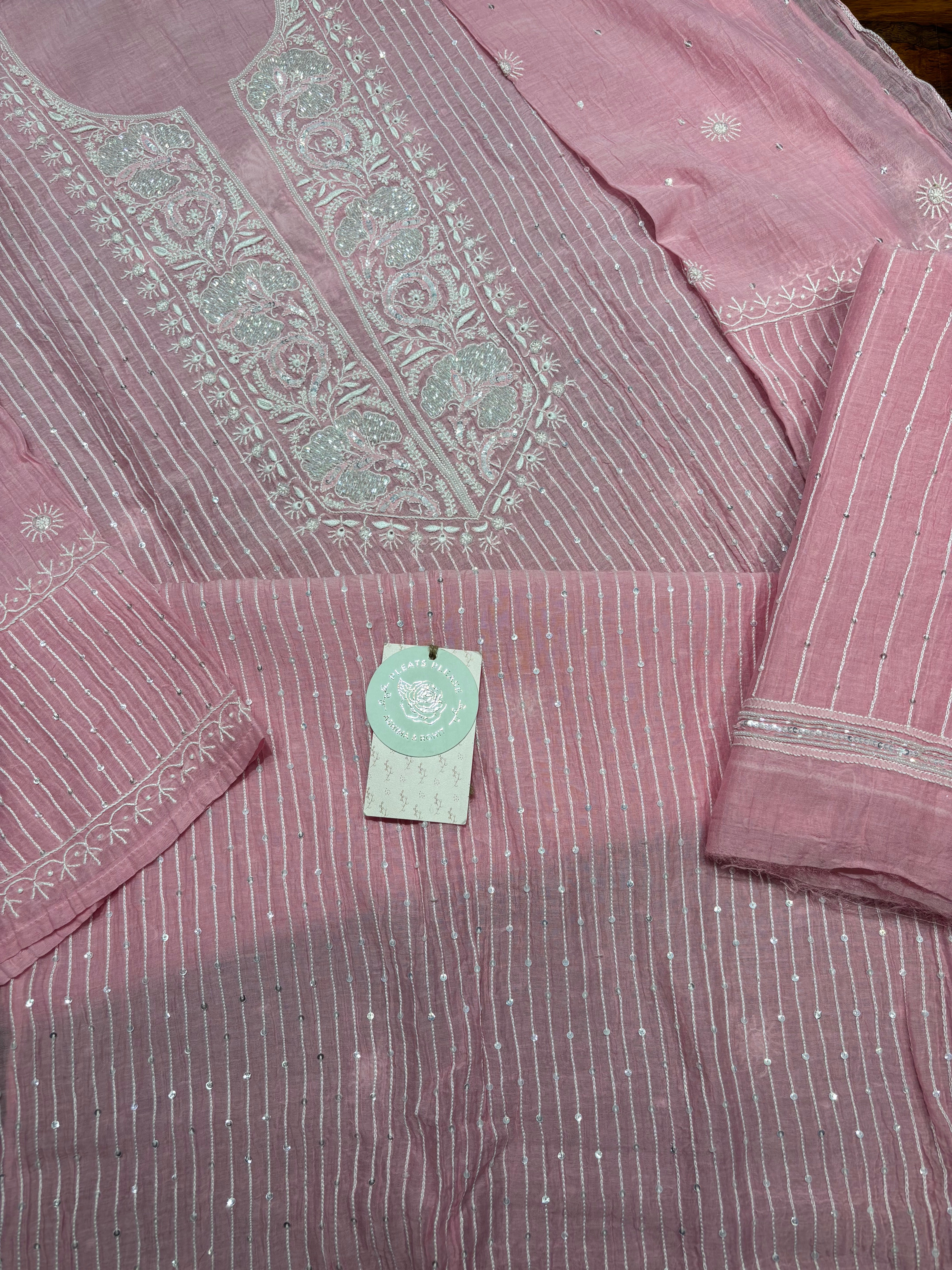 Pink Chanderi Mul Chikankari Kurta and Dupatta Set