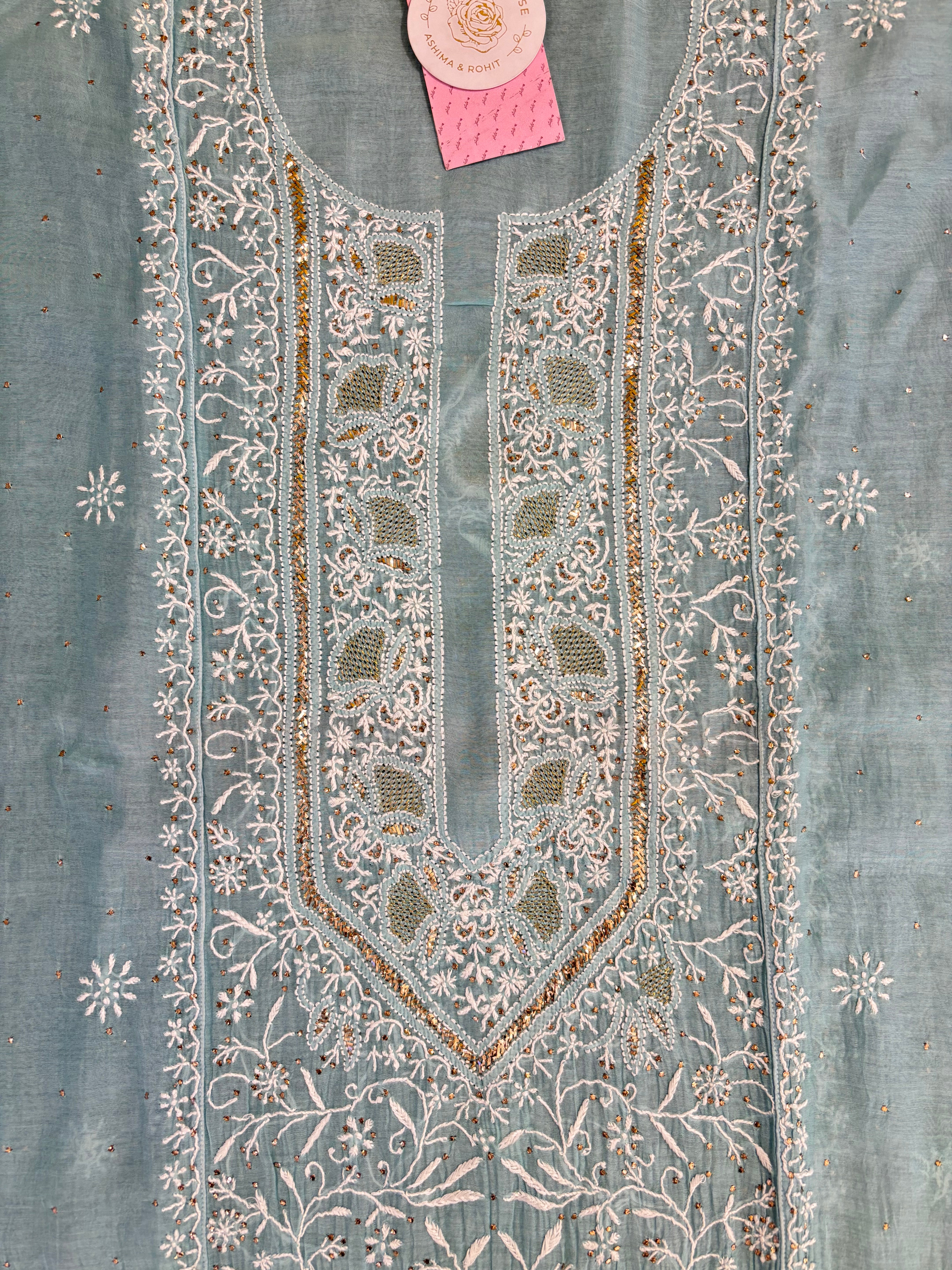 Aqua Blue Chanderi Mul Mukaish & Chikankari Kurta & Dupatta