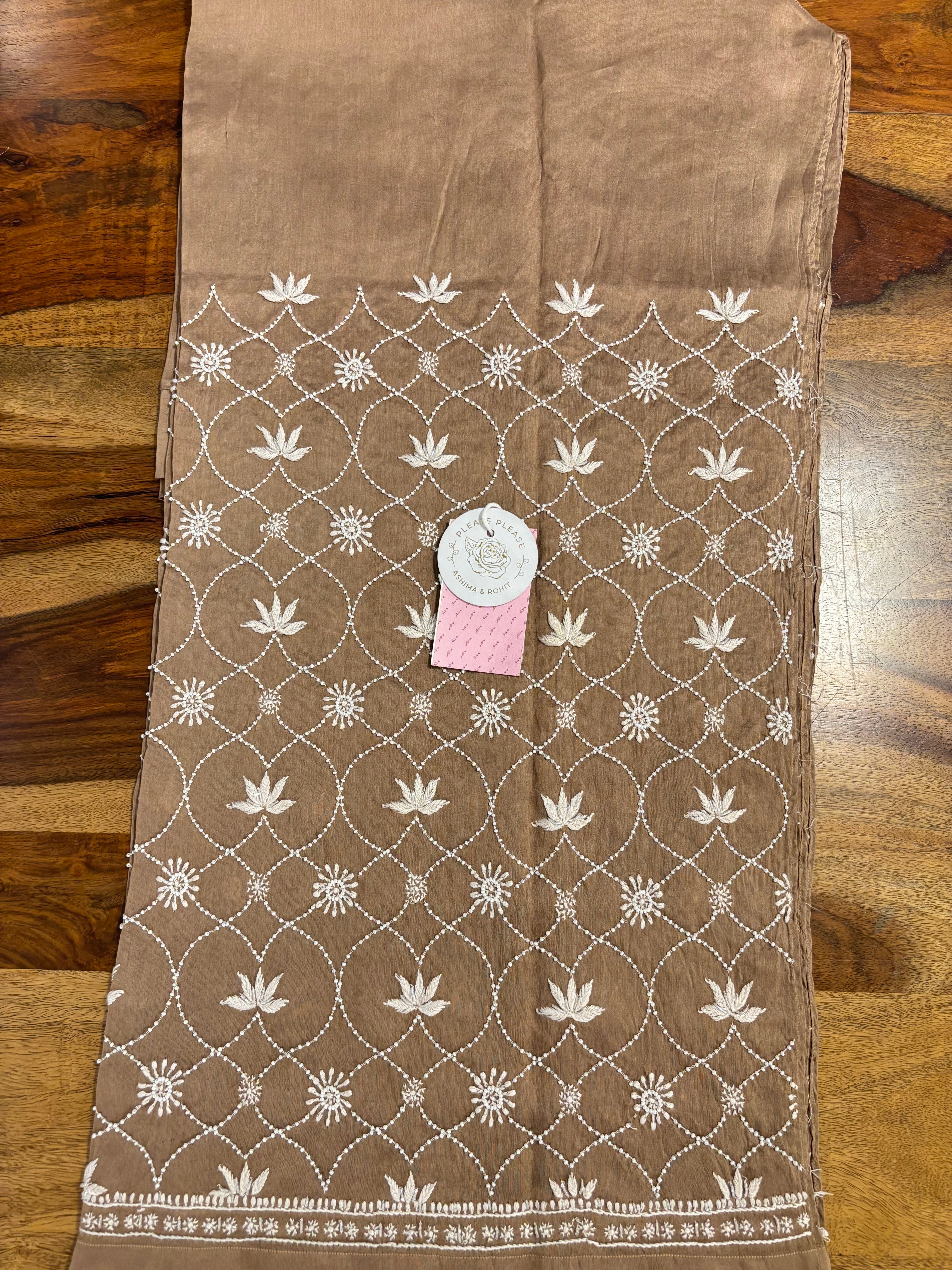 Mocha Brown Ombré Chanderi Mul Chikankari Kurta & Dupatta With Bottom - Pleats PleaseChikankari