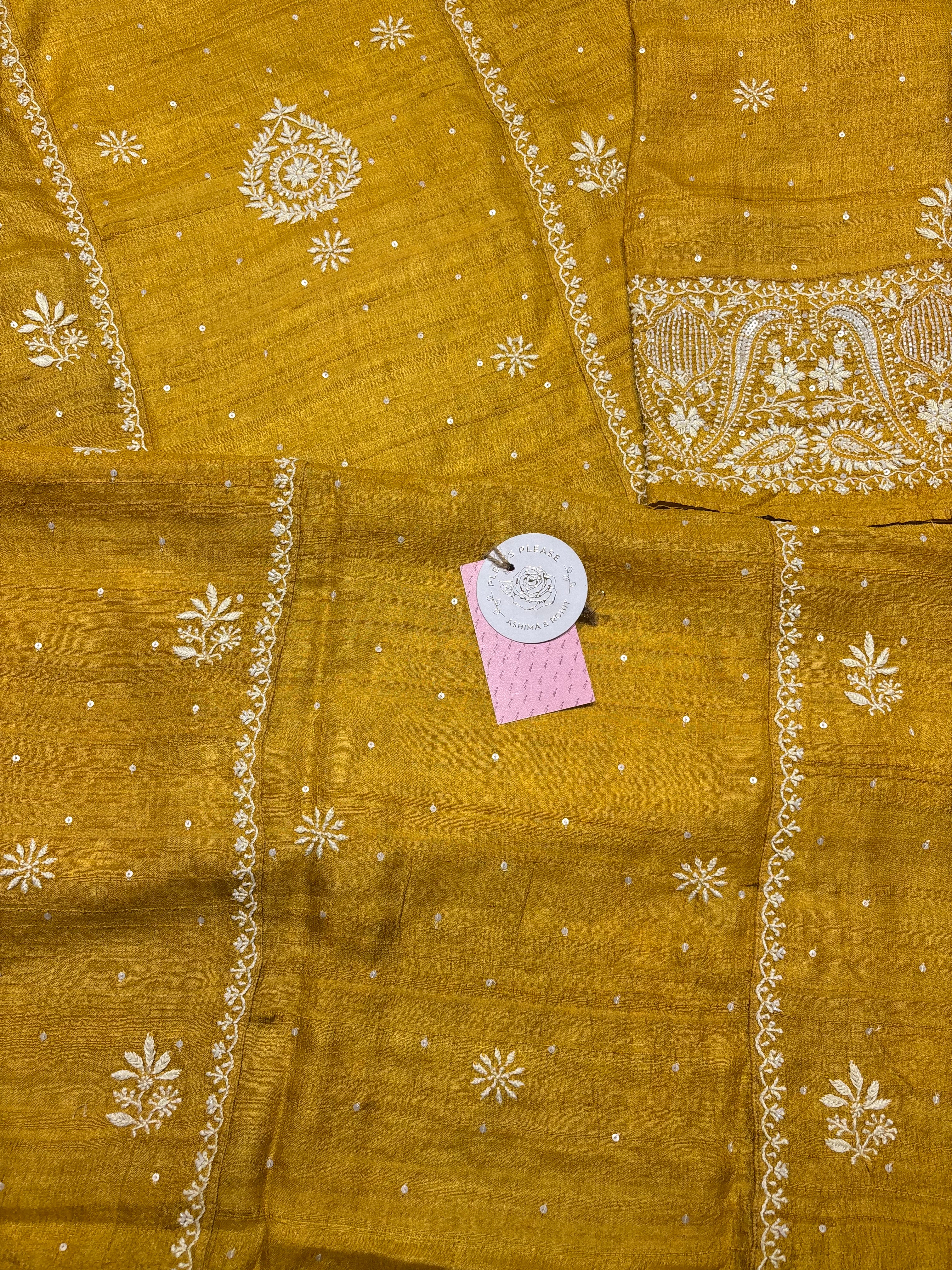 Mustard pure and premium Tussar Silk Chikankari Kurta and Dupatta Set
