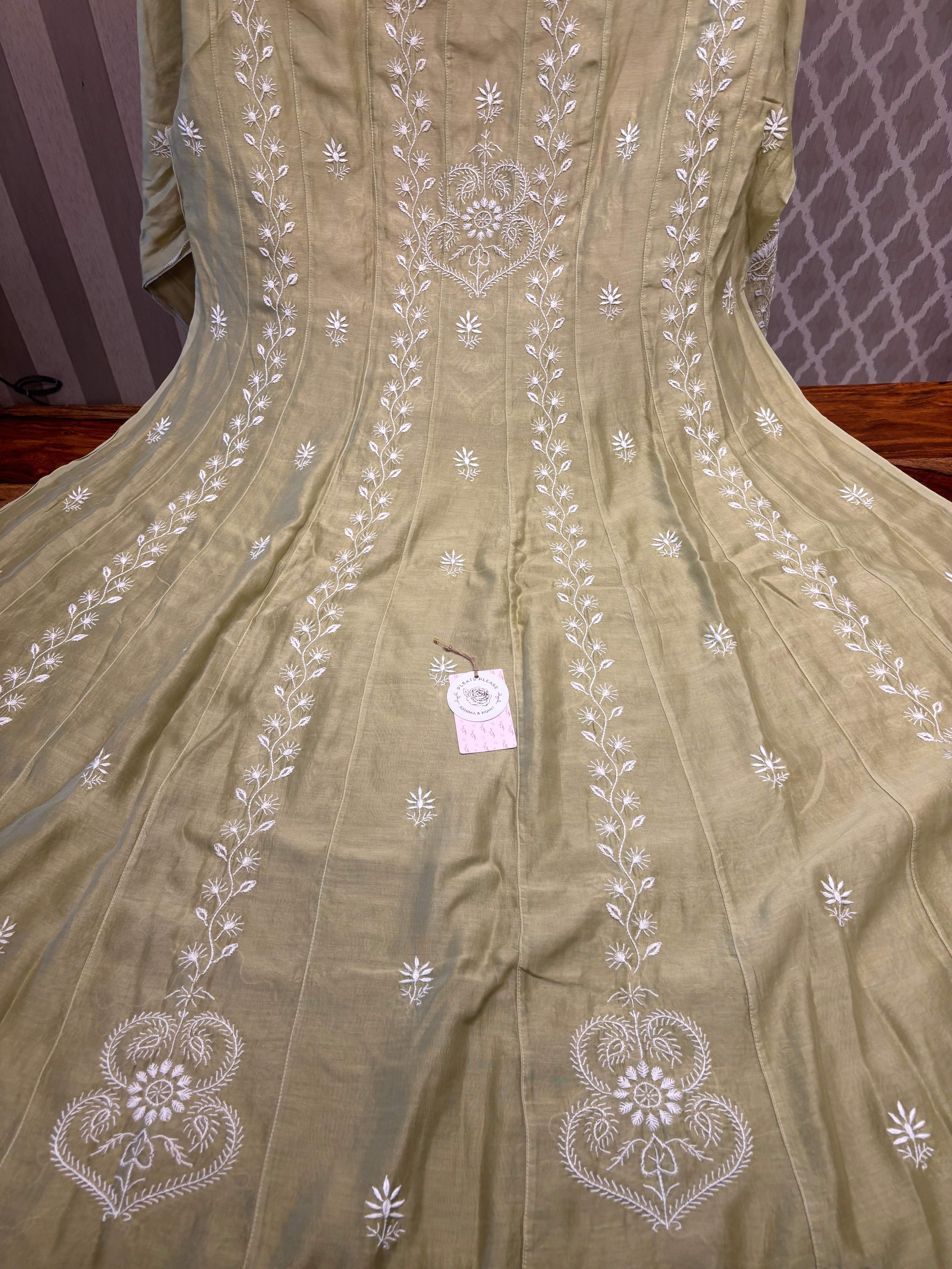 Pastel Olive Green Chanderi silk Chikankari Anarkali and Dupatta set