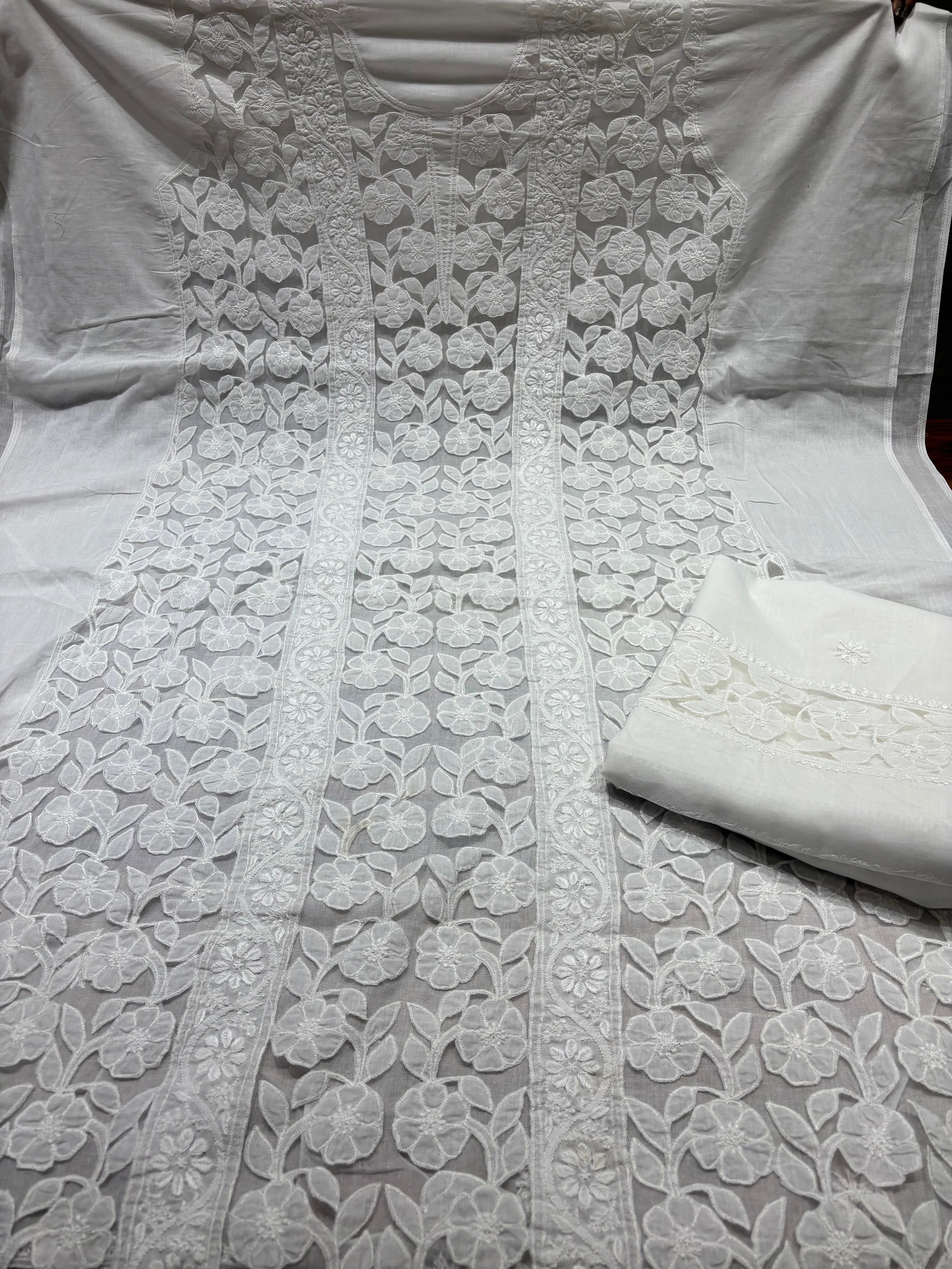 White Mulmul Soft Net Chikankari Applique Kurta And Dupatta Fabric