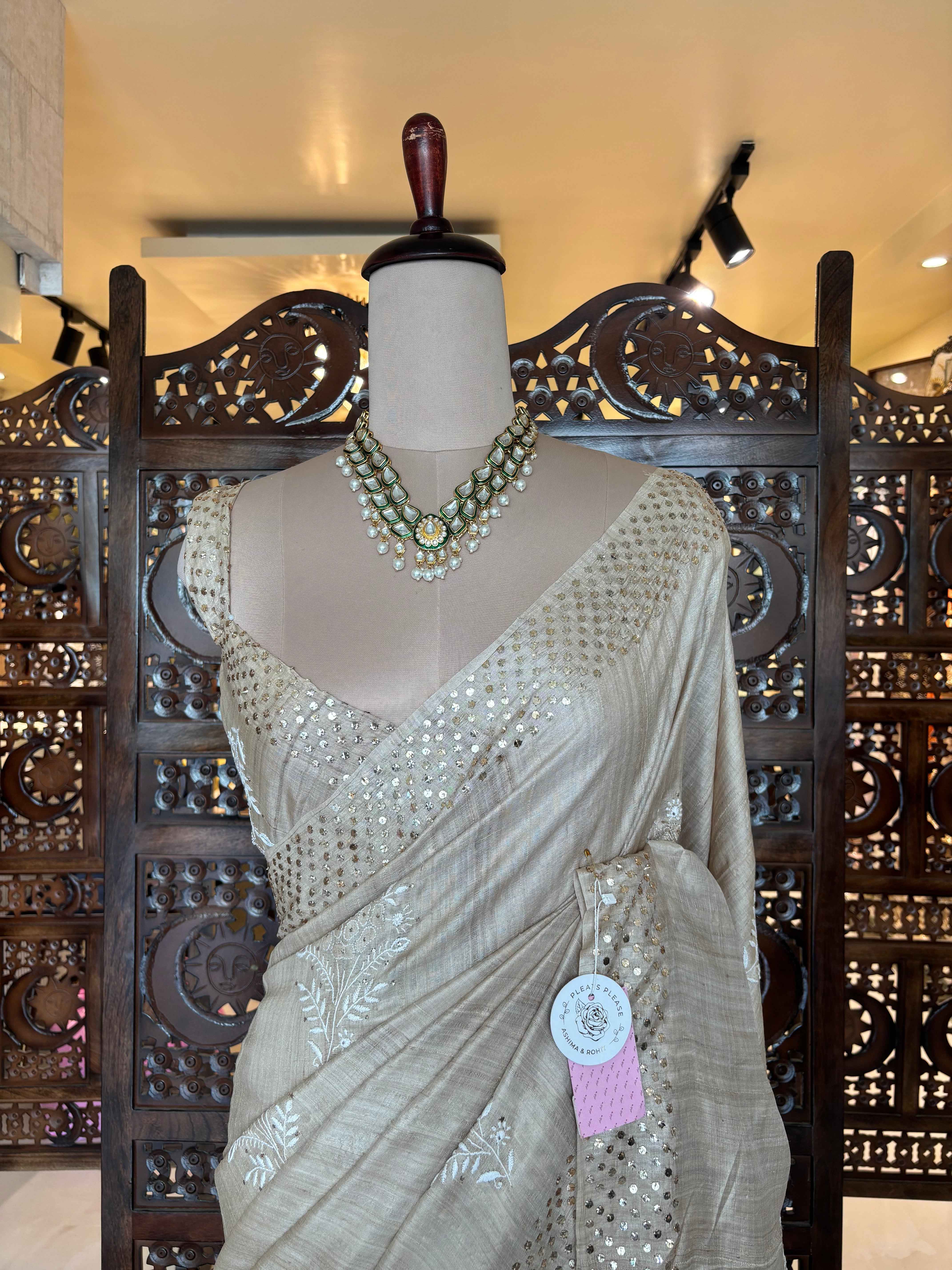 Natural Tussar Silk Chikankari Mukaish Saree
