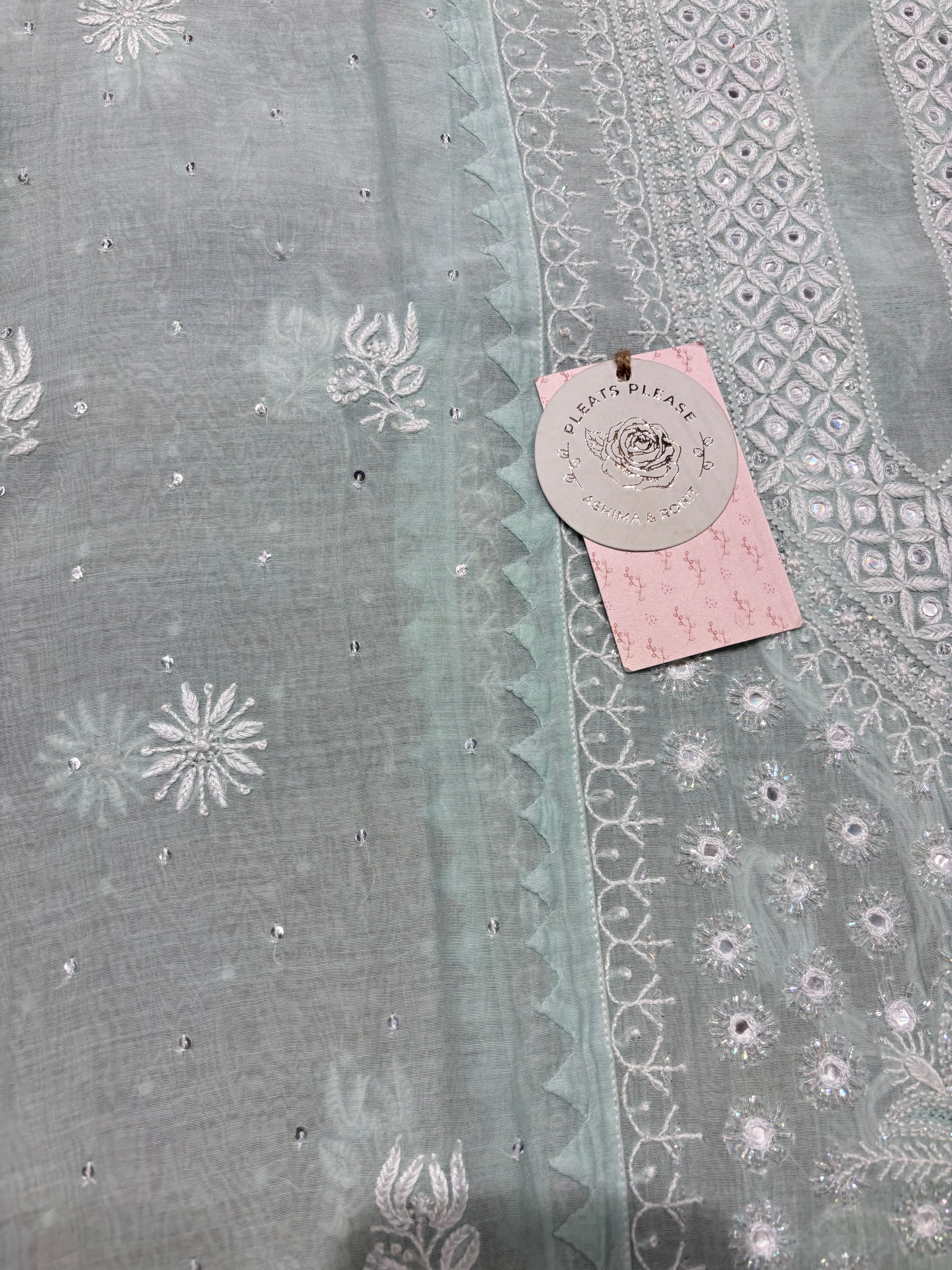 Mint Green Chanderi Mul Chikankari Kurta and Dupatta Set