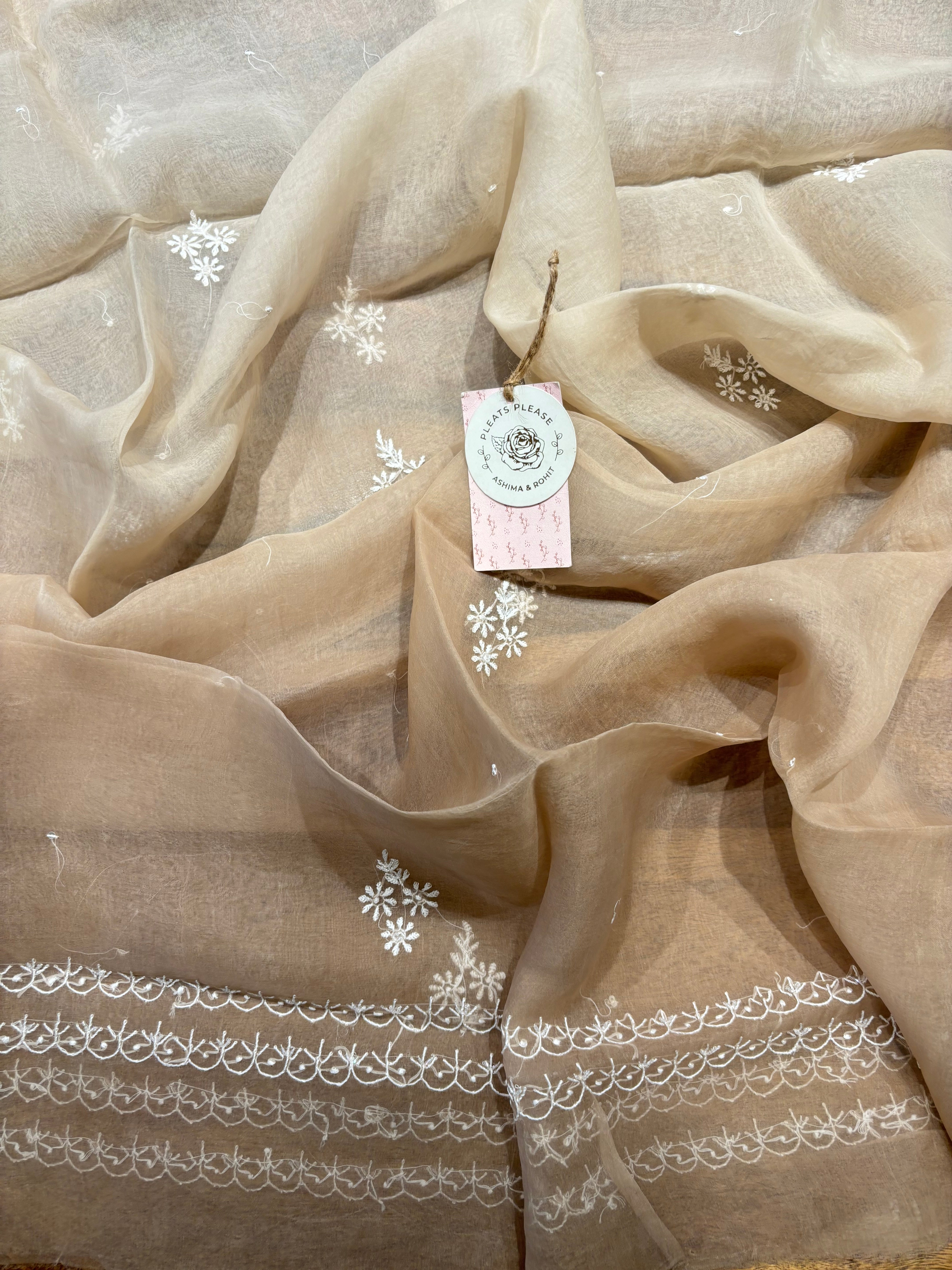 brown Ombré Organza Chikankari Kurta & Dupatta Fabric