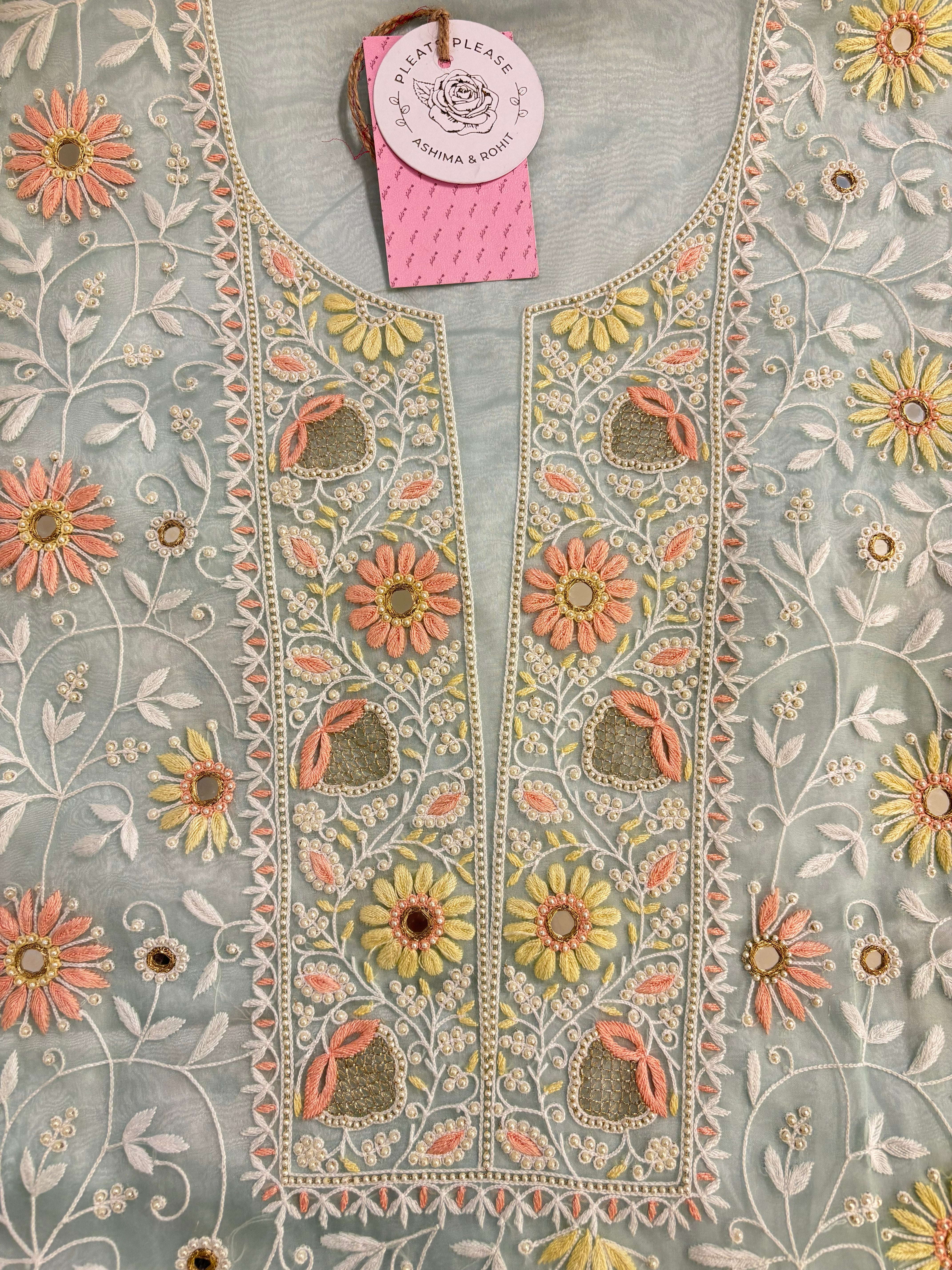Sage Green Organza Mirror Chikankari Kurta & Dupatta