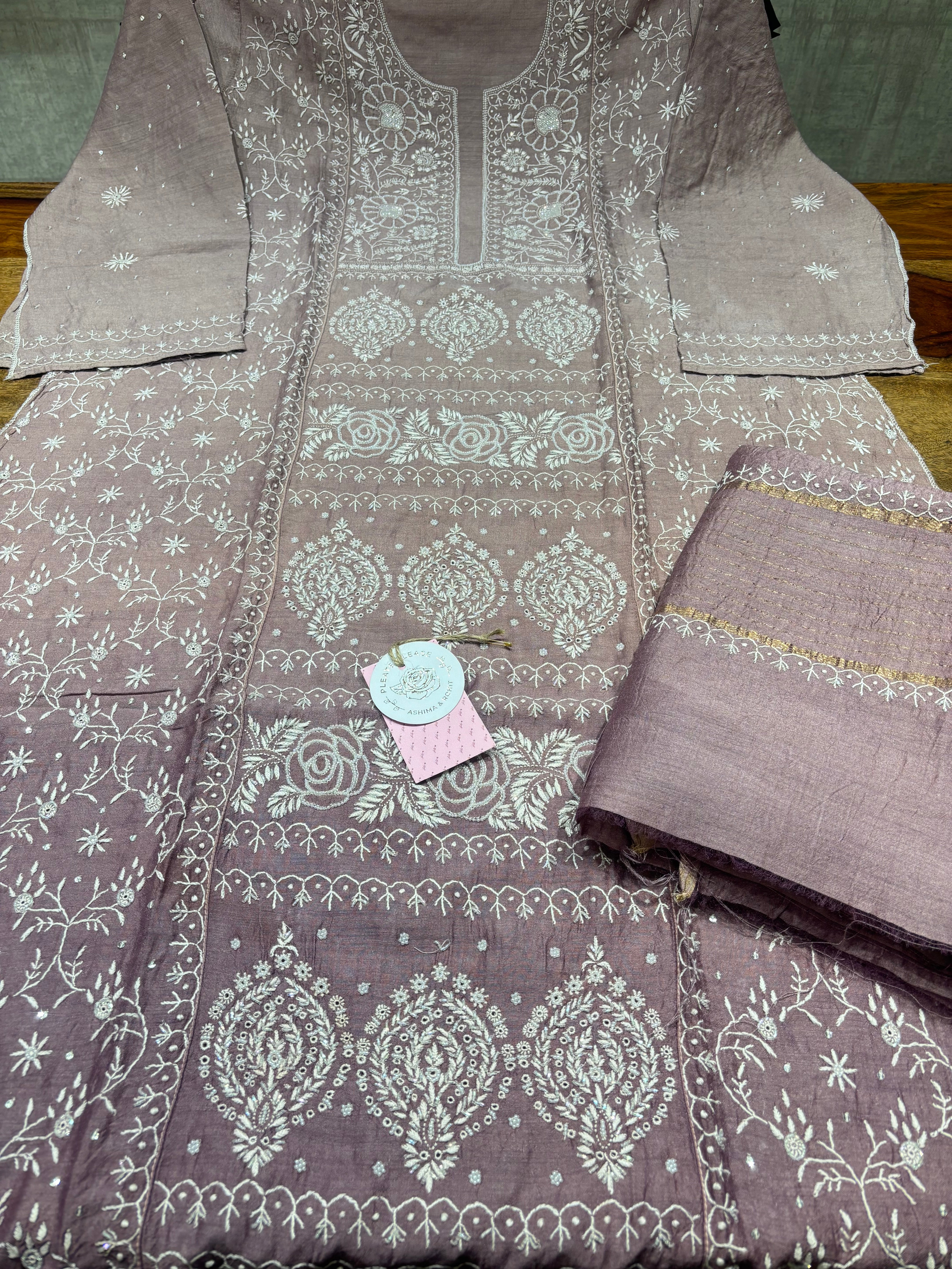 Aubergine Ombre Pure & Premium Monga Silk Chikankari Kurta & Dupatta Set