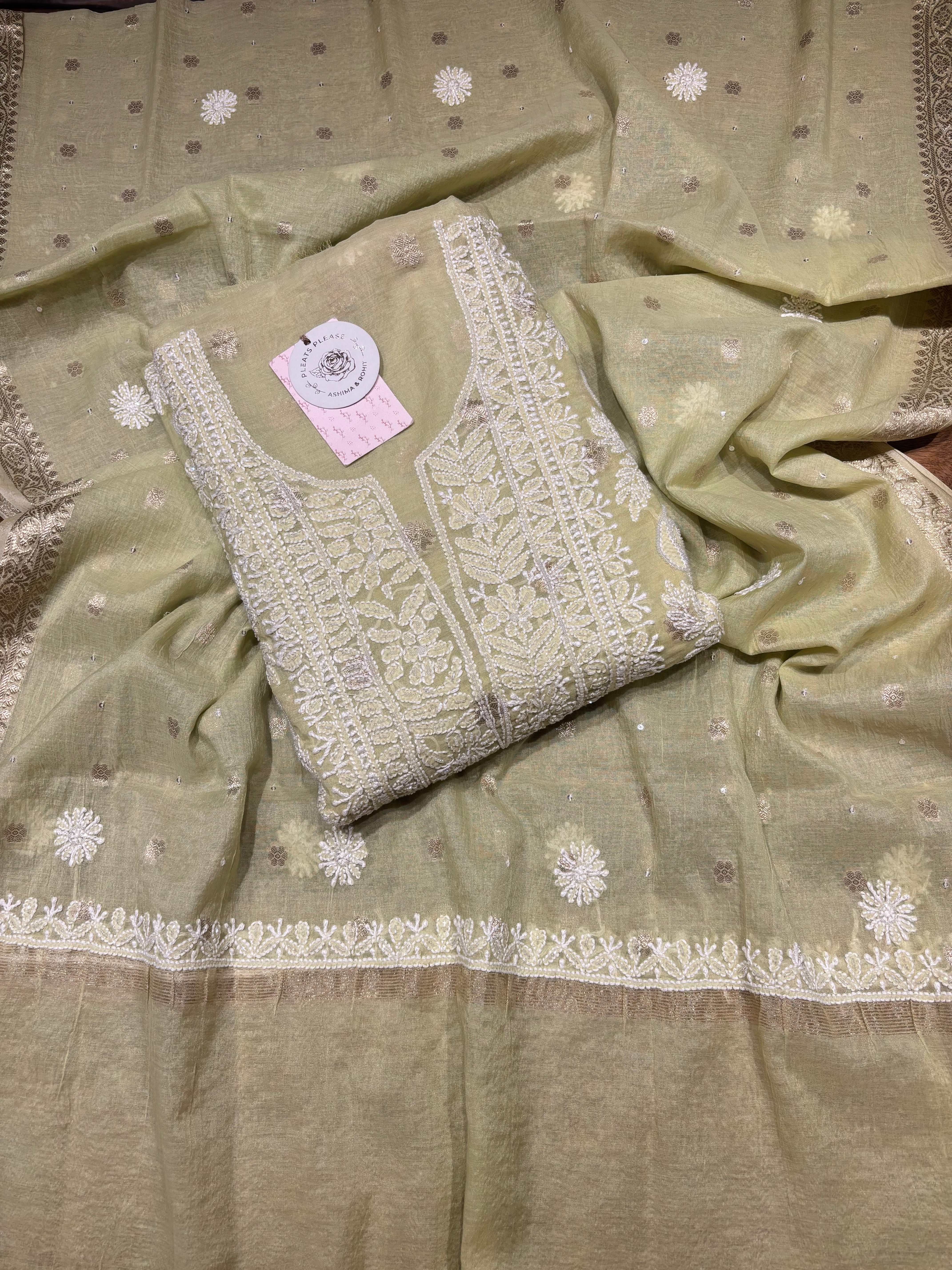 Pistachio Green Chanderi Silk Chikankari Kurta & Dupatta Fabric